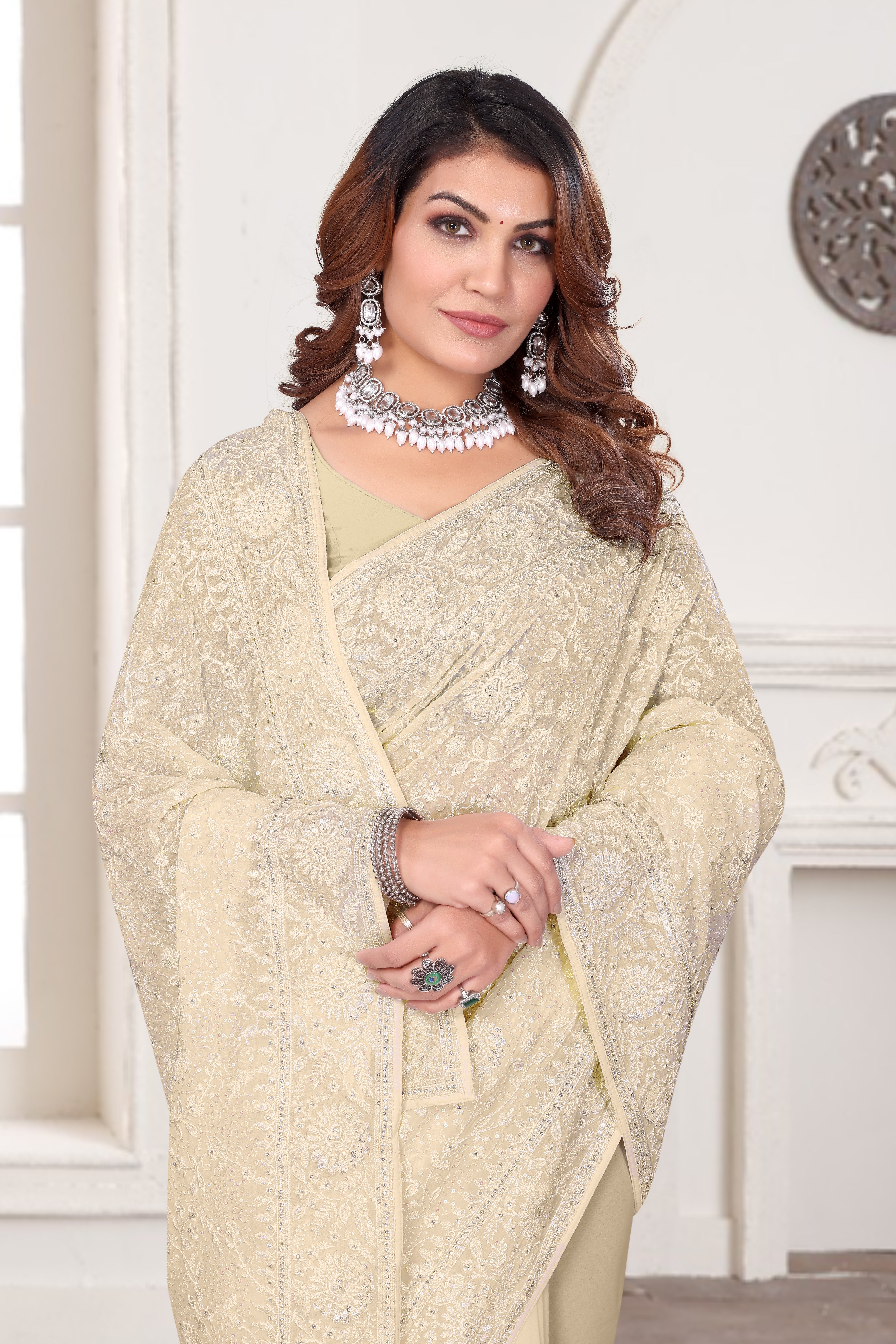 Off White Georgette Saree | Heavy Resham & Jari Embroidery with Zarkan Work
