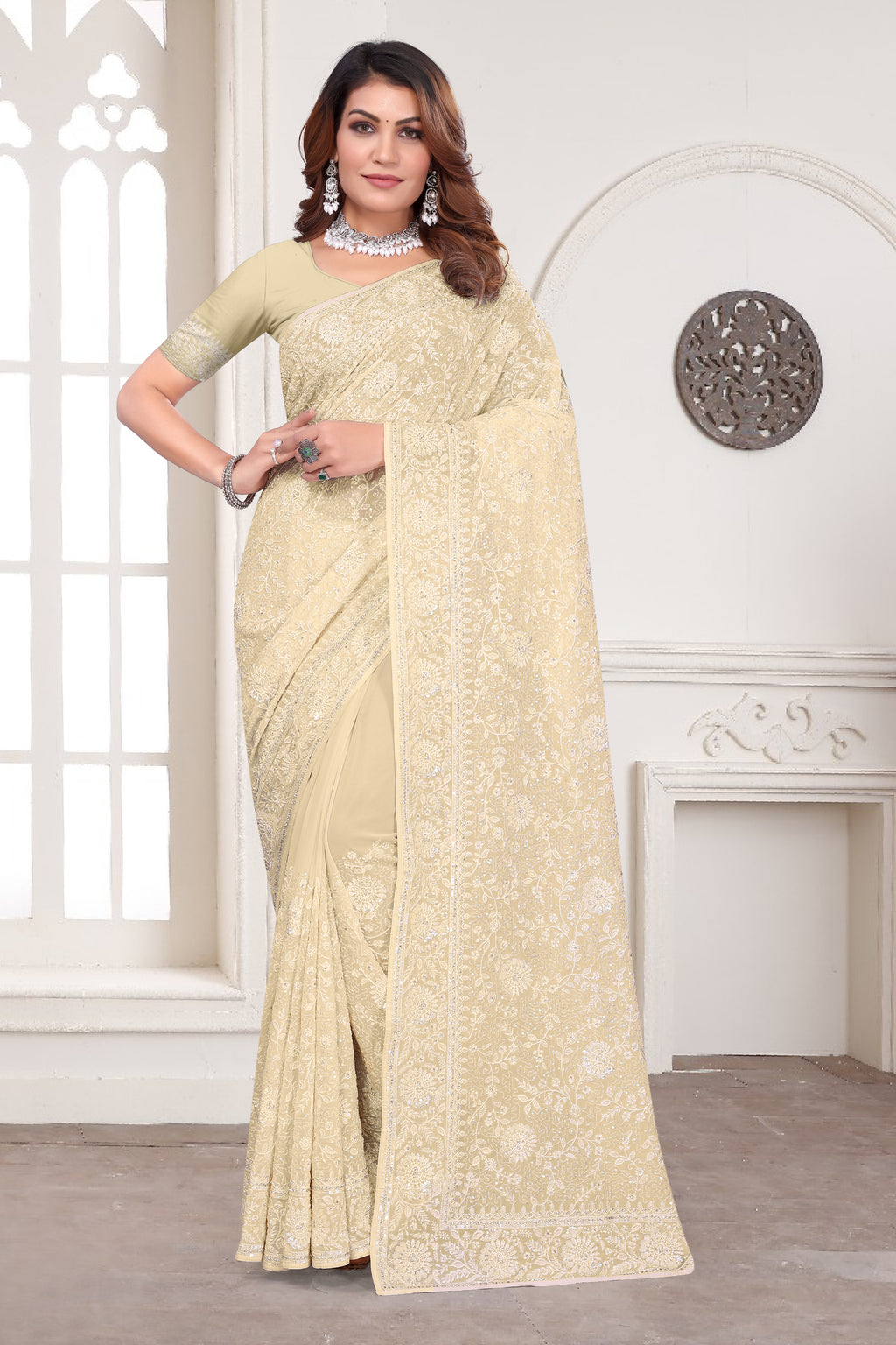 Off White Georgette Saree | Heavy Resham & Jari Embroidery with Zarkan Work
