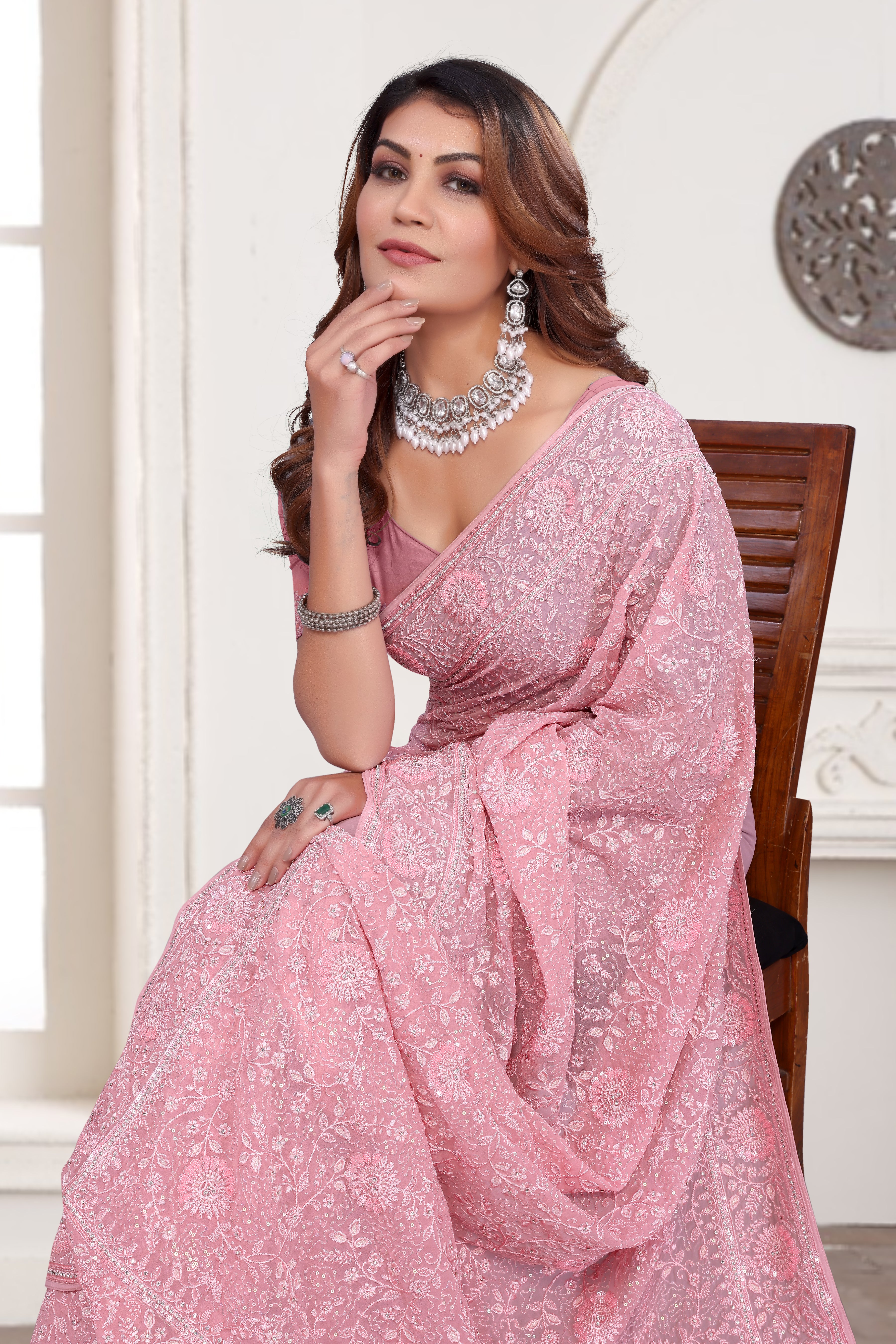 Dusty Pink Georgette Saree | Heavy Resham & Jari Embroidery with Zarkan Work
