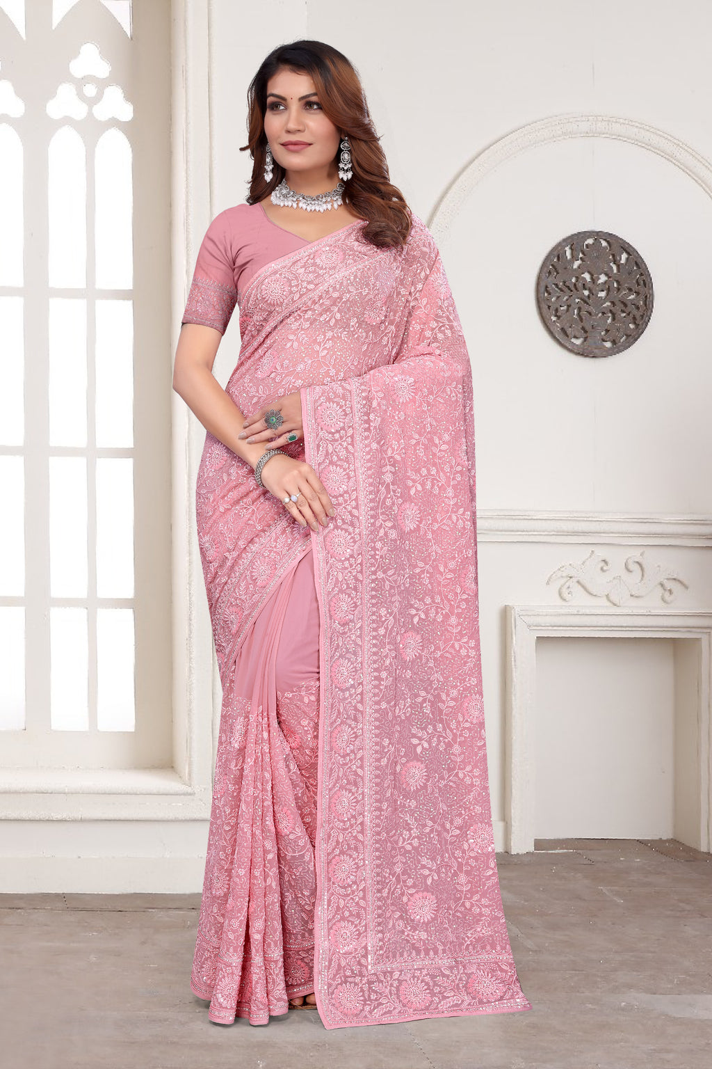 Dusty Pink Georgette Saree | Heavy Resham & Jari Embroidery with Zarkan Work