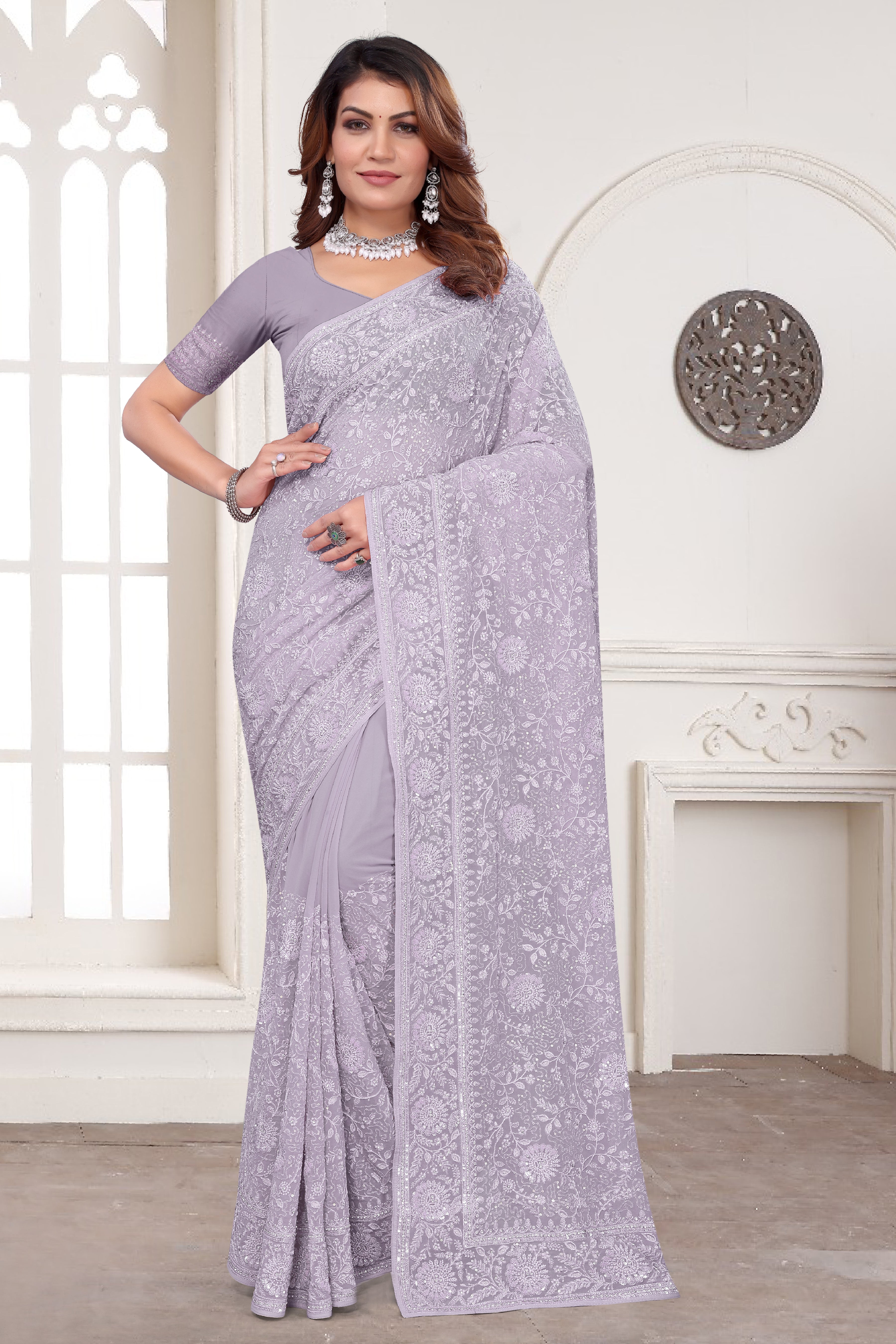 Lavender Georgette Saree | Heavy Resham & Jari Embroidery with Zarkan Work