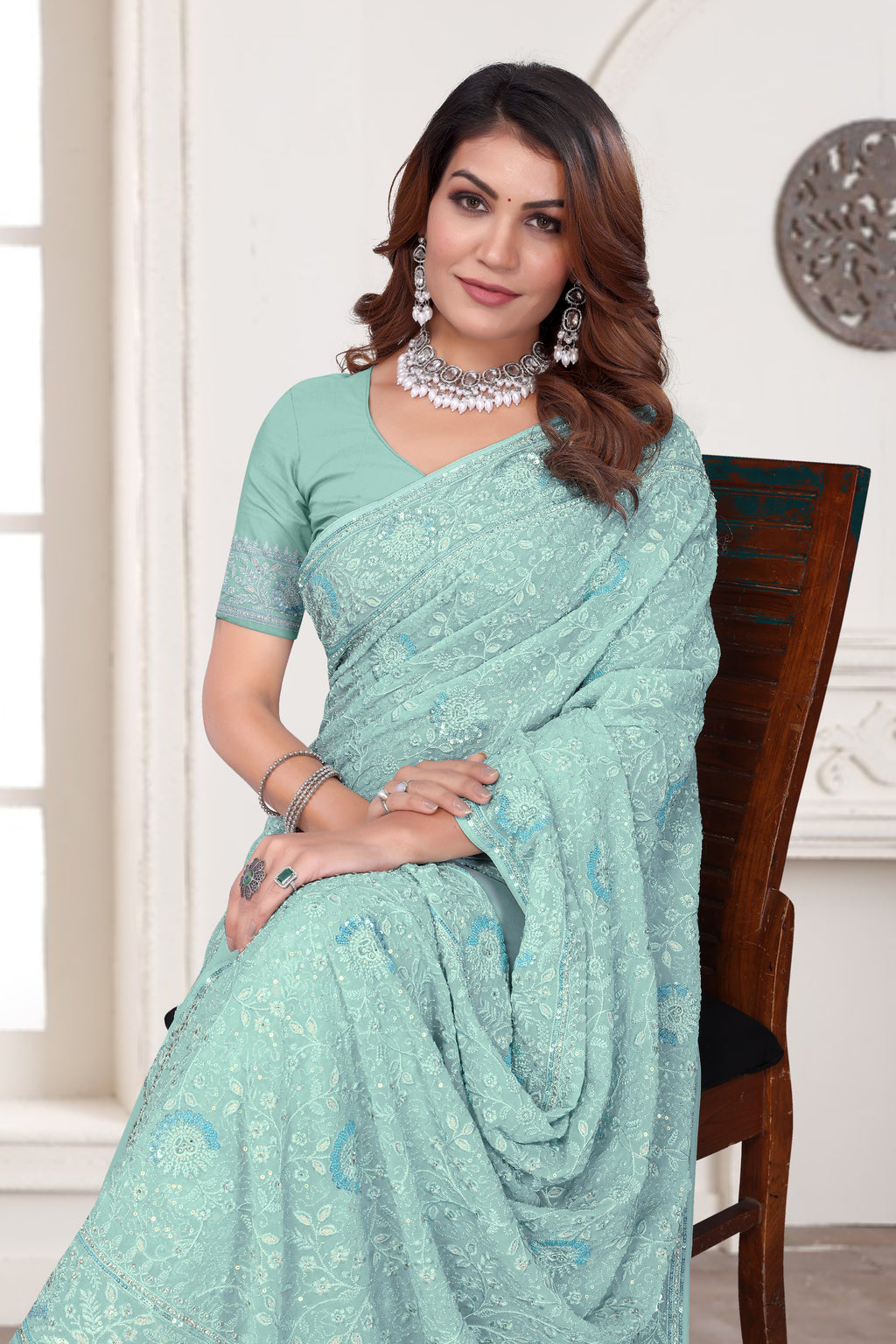 Dusty Sky Georgette Saree | Heavy Resham & Jari Embroidery with Zarkan Work