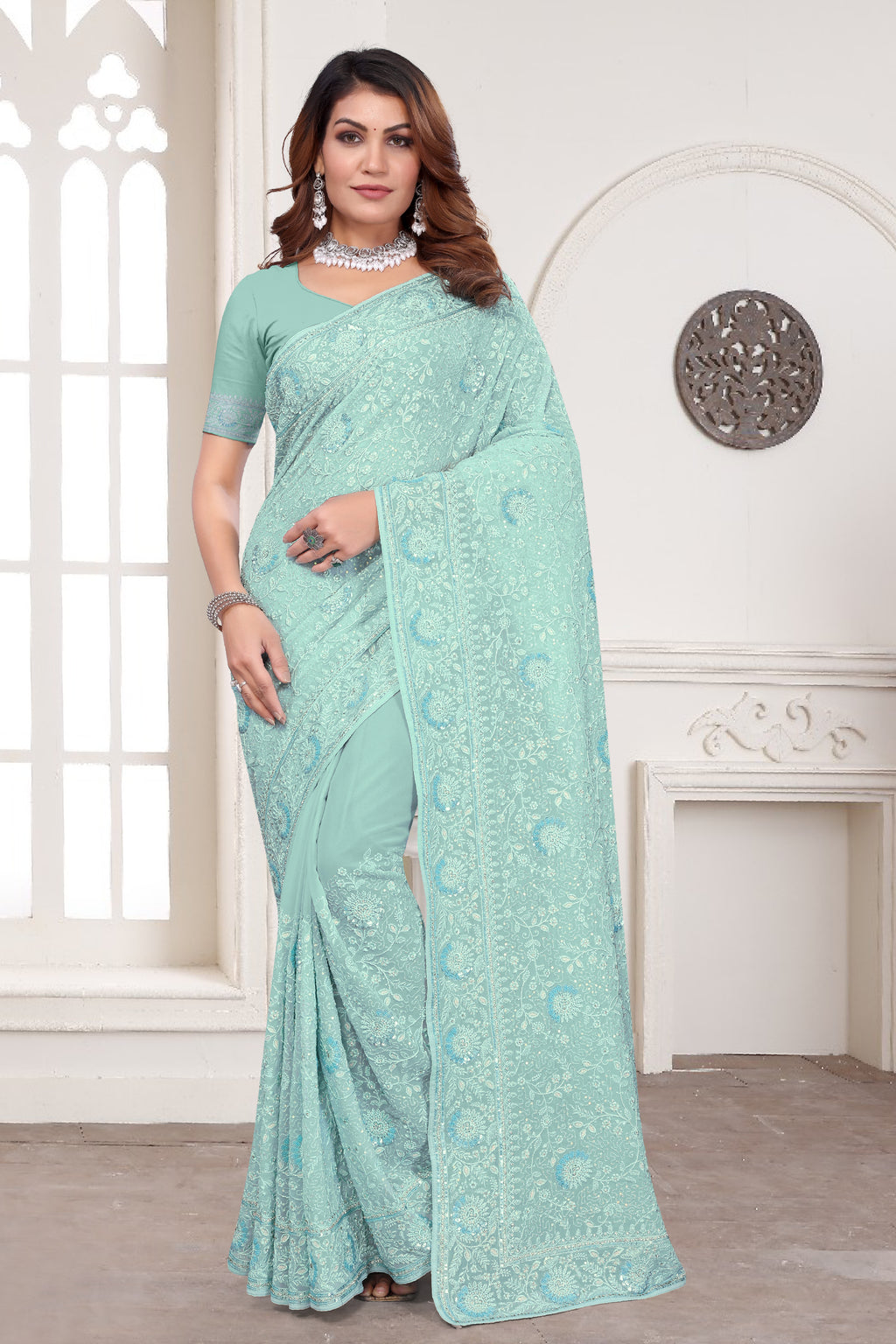 Dusty Sky Georgette Saree | Heavy Resham & Jari Embroidery with Zarkan Work