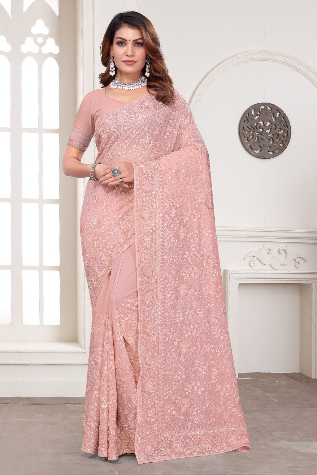Dusty Peach Georgette Saree | Heavy Resham & Jari Embroidery with Zarkan Work