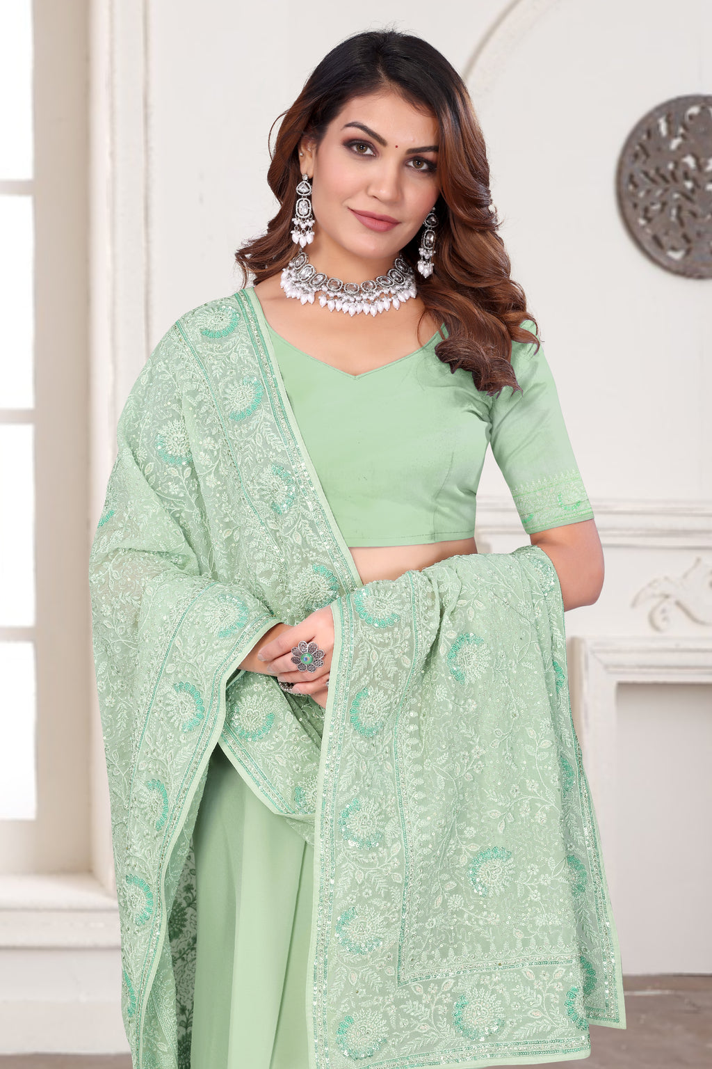 Dusty Pista Georgette Saree | Heavy Resham & Jari Embroidery with Zarkan Work