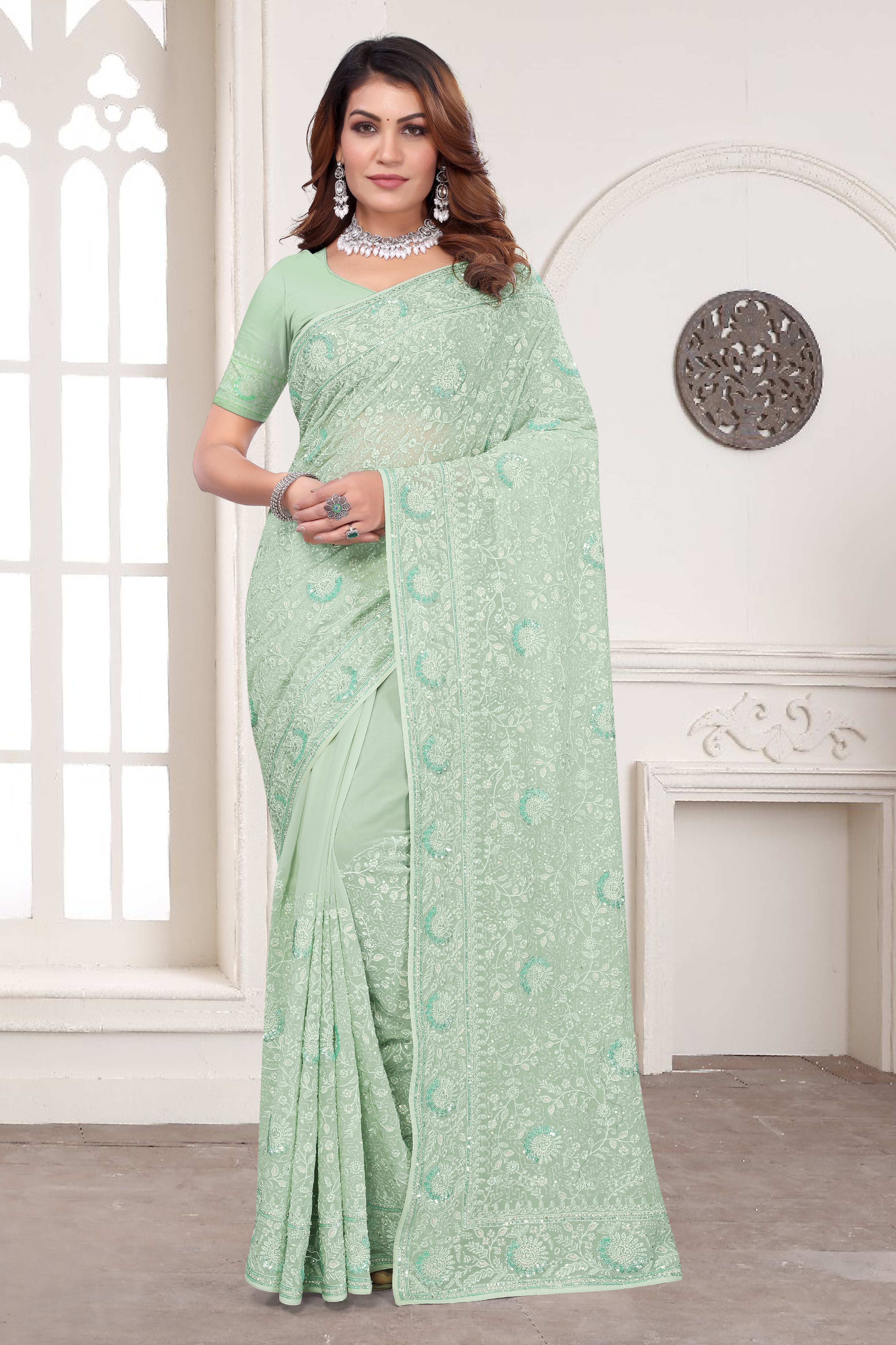 Dusty Pista Georgette Saree | Heavy Resham & Jari Embroidery with Zarkan Work