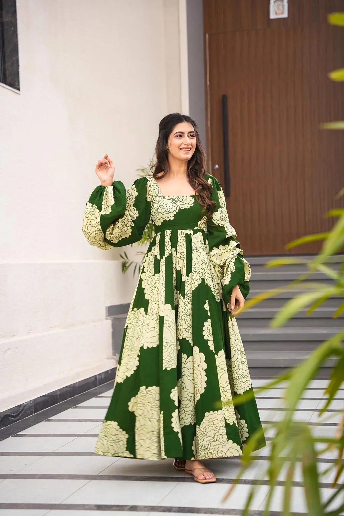 Green Floral Print Heavy Rayon Gown | Festive Ready-to-Wear Couture
