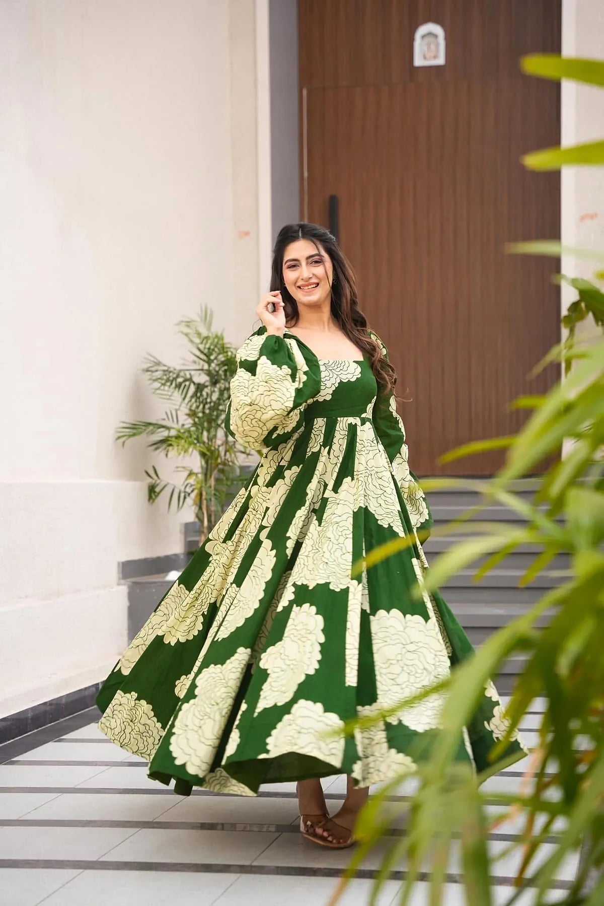 Green Floral Print Heavy Rayon Gown | Festive Ready-to-Wear Couture