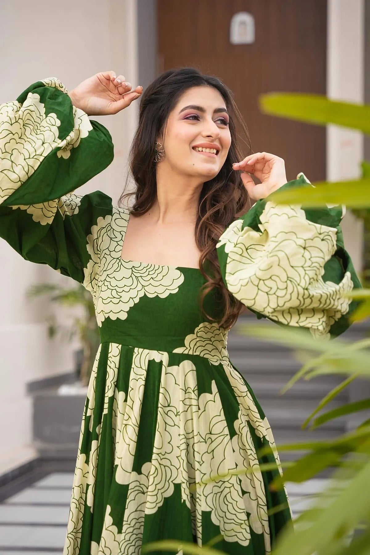 Green Floral Print Heavy Rayon Gown | Festive Ready-to-Wear Couture