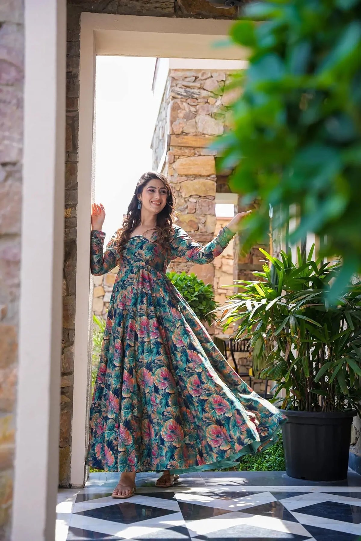 Ocean Breeze Heavy Rayon Gown | Multi-Toned Sea Blue, Pink & Green Couture