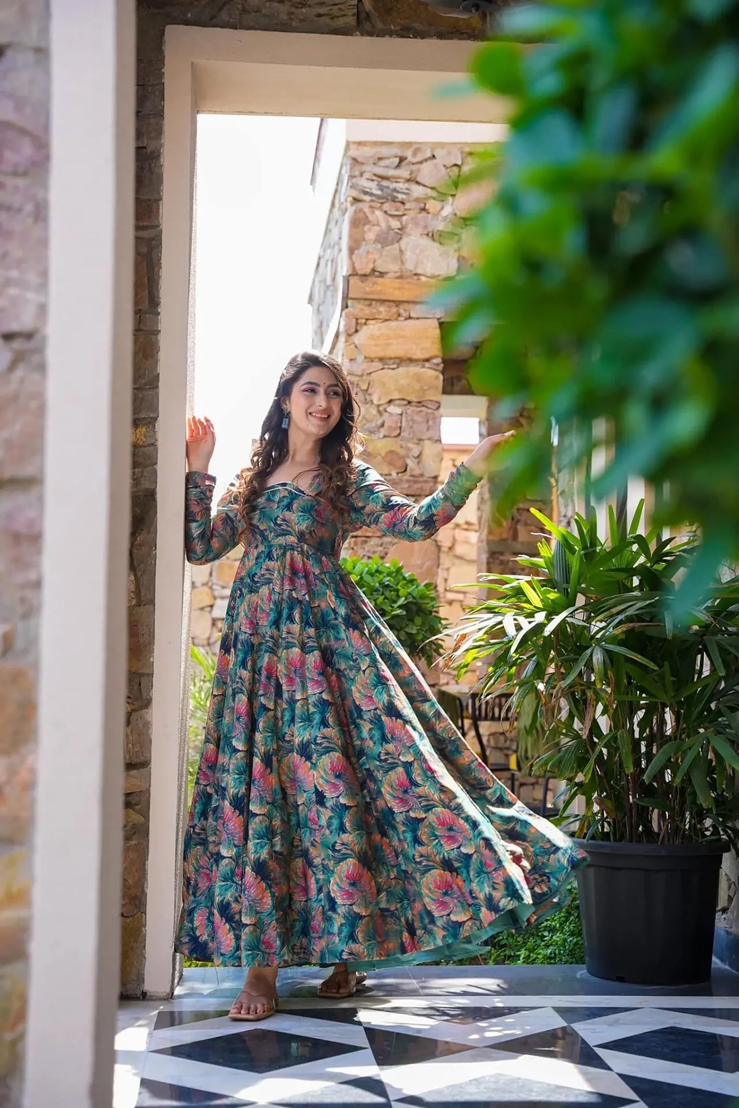 Ocean Breeze Heavy Air Tex Chinon Designer Suit | Printed Serene Ensemble