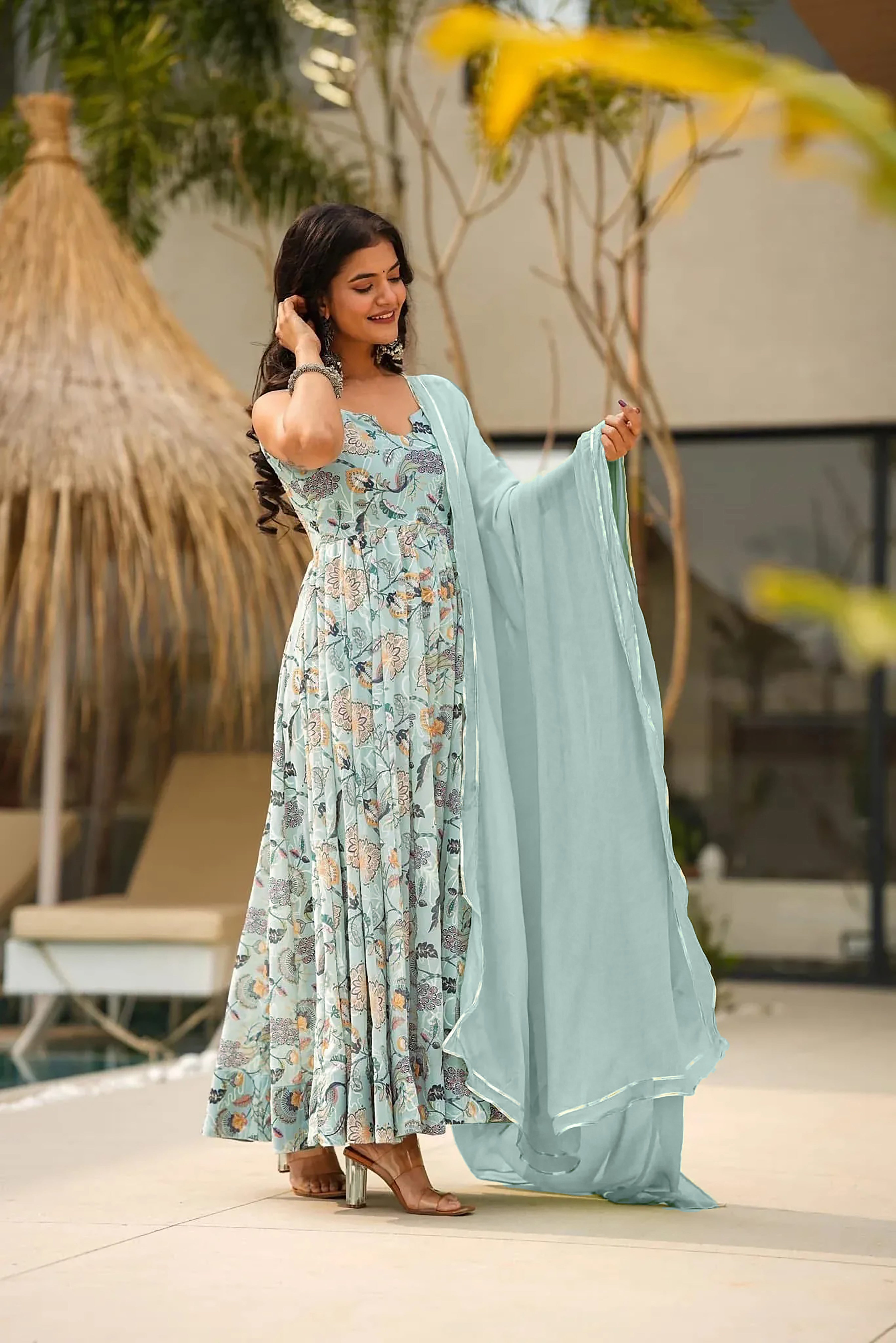 Wine Heritage Heavy Air Tex Chinon Designer Suit | Printed Traditional Ensemble