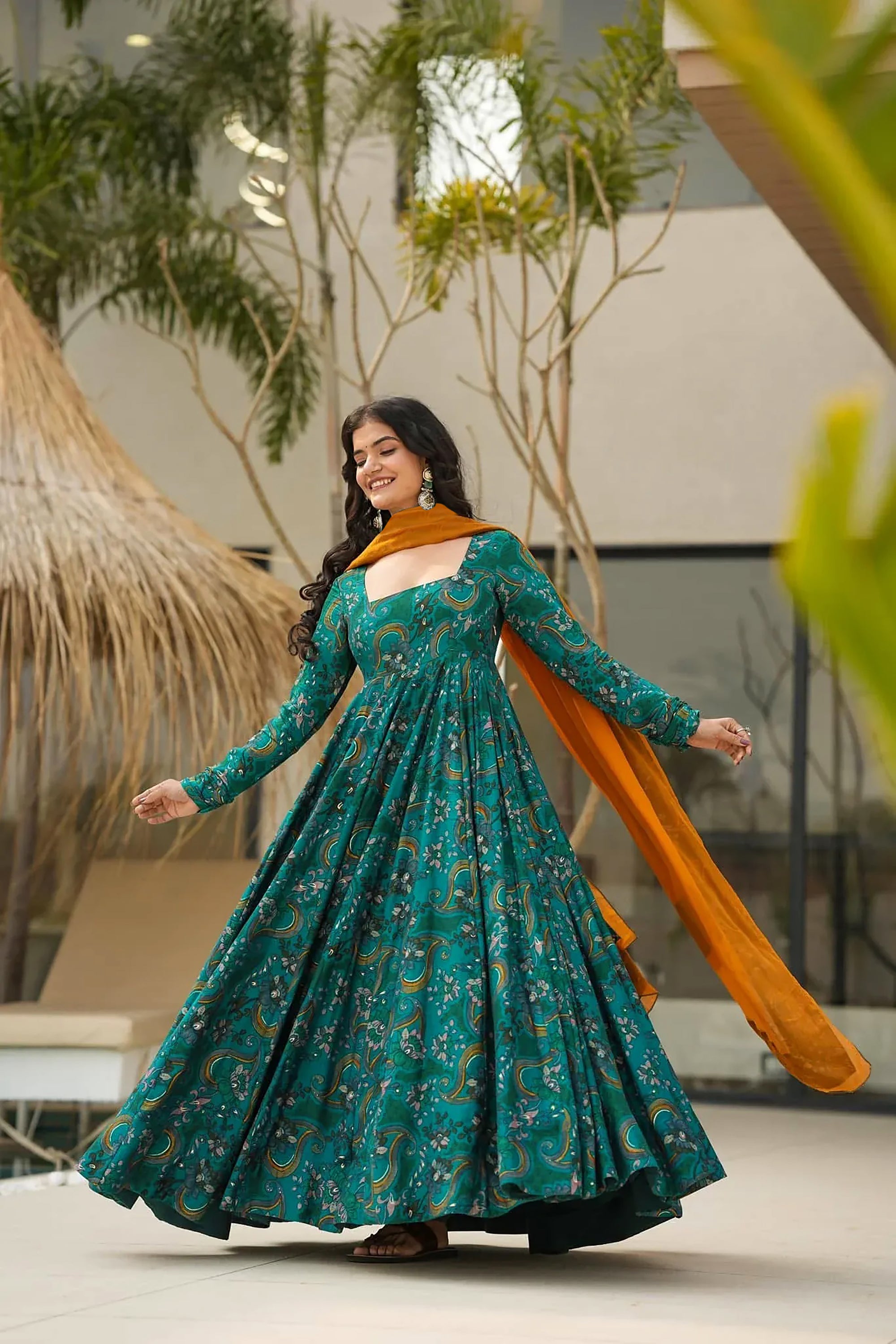Sunshine Glow Heavy Air Tex Chinon Designer Suit | Printed Radiant Ensemble