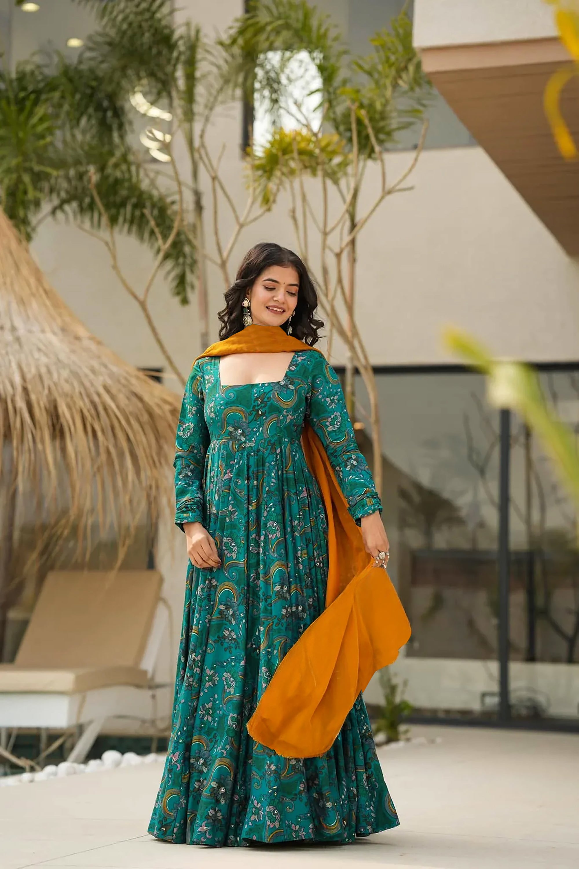 Sunshine Glow Heavy Air Tex Chinon Designer Suit | Printed Radiant Ensemble