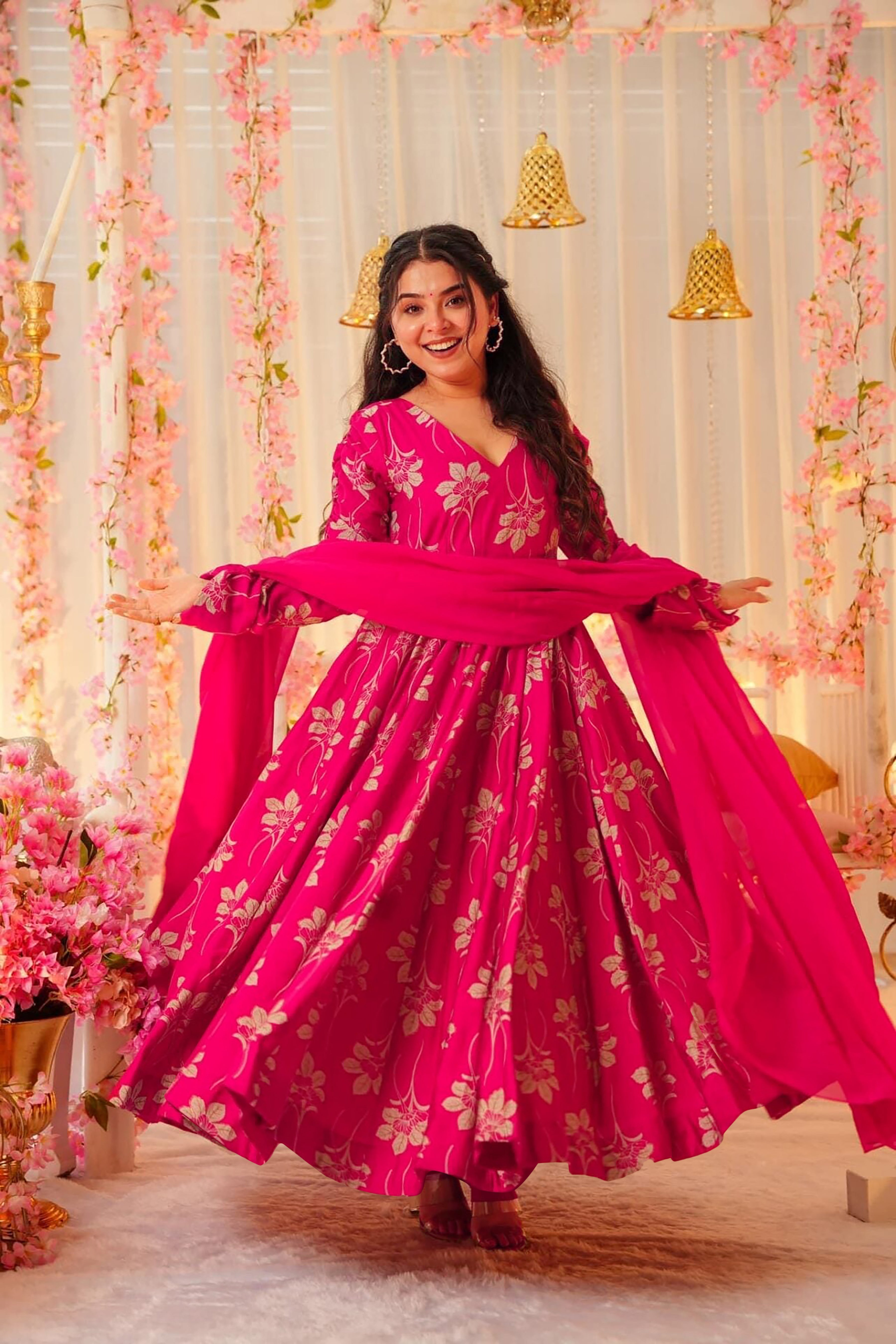 Blushing Sunset Heavy Rayon & Georgette Gown with Dupatta | Pink & Cream Couture