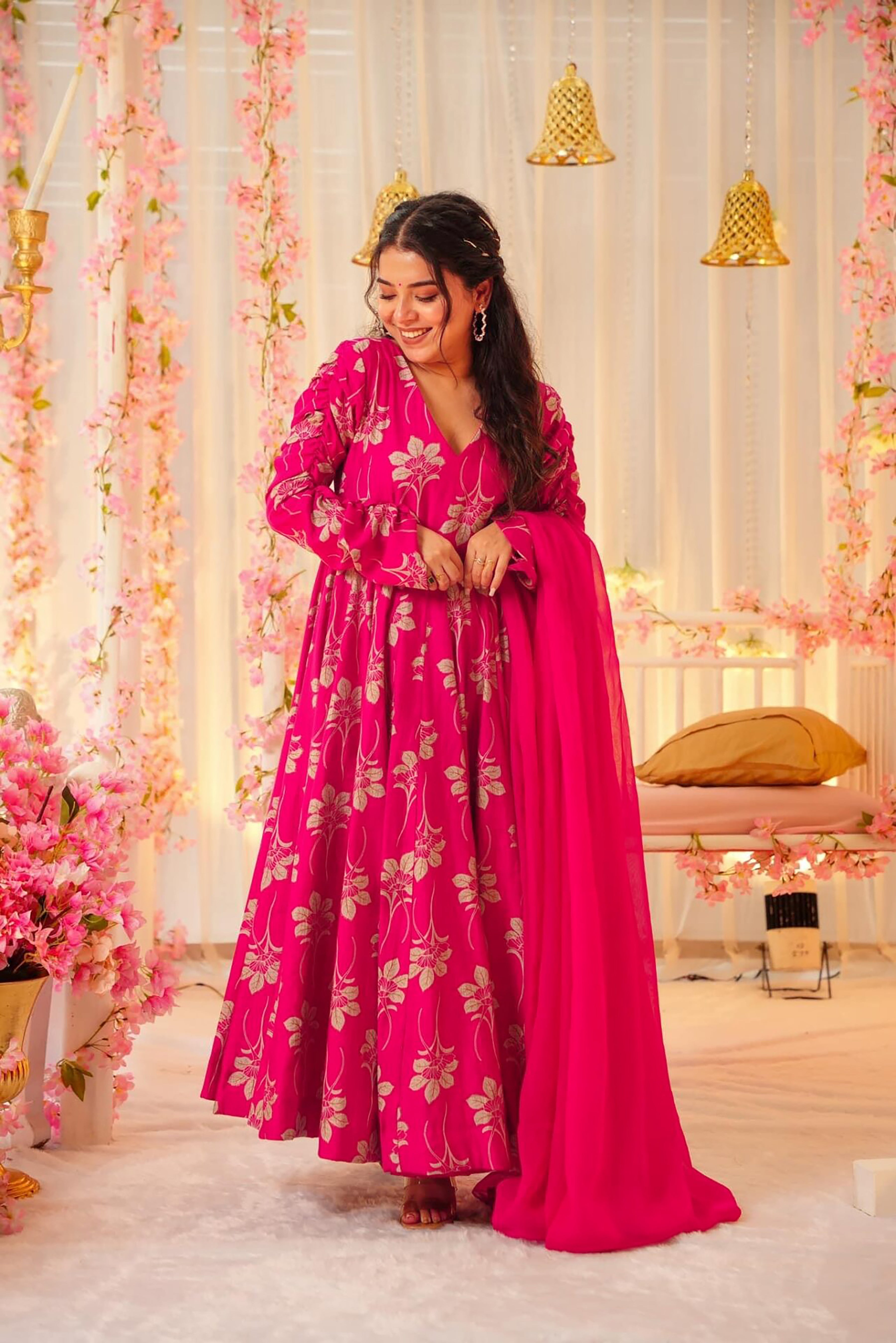Blushing Sunset Heavy Rayon & Georgette Gown with Dupatta | Pink & Cream Couture