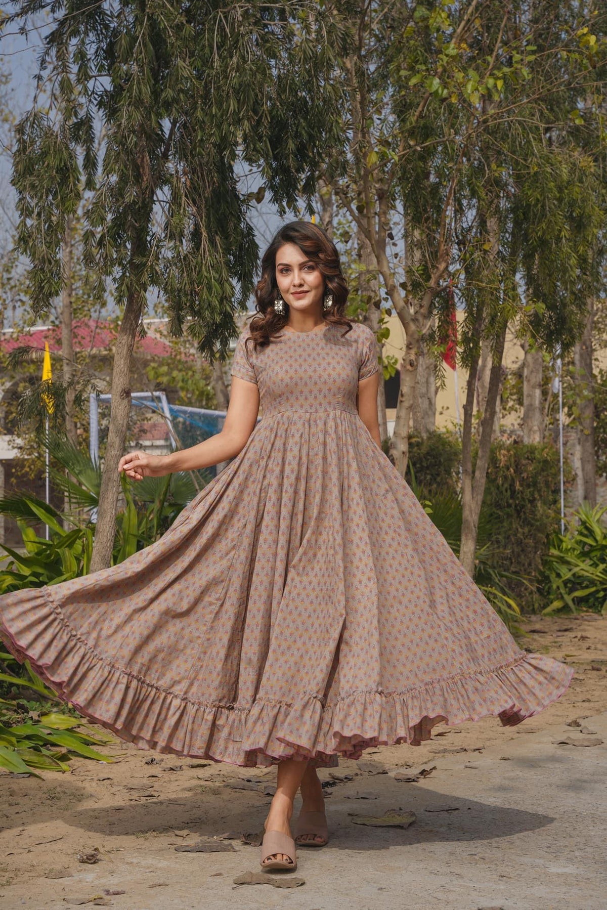 Light Brown Heavy Rayon Anarkali Gown | Digital Printed Festive Couture
