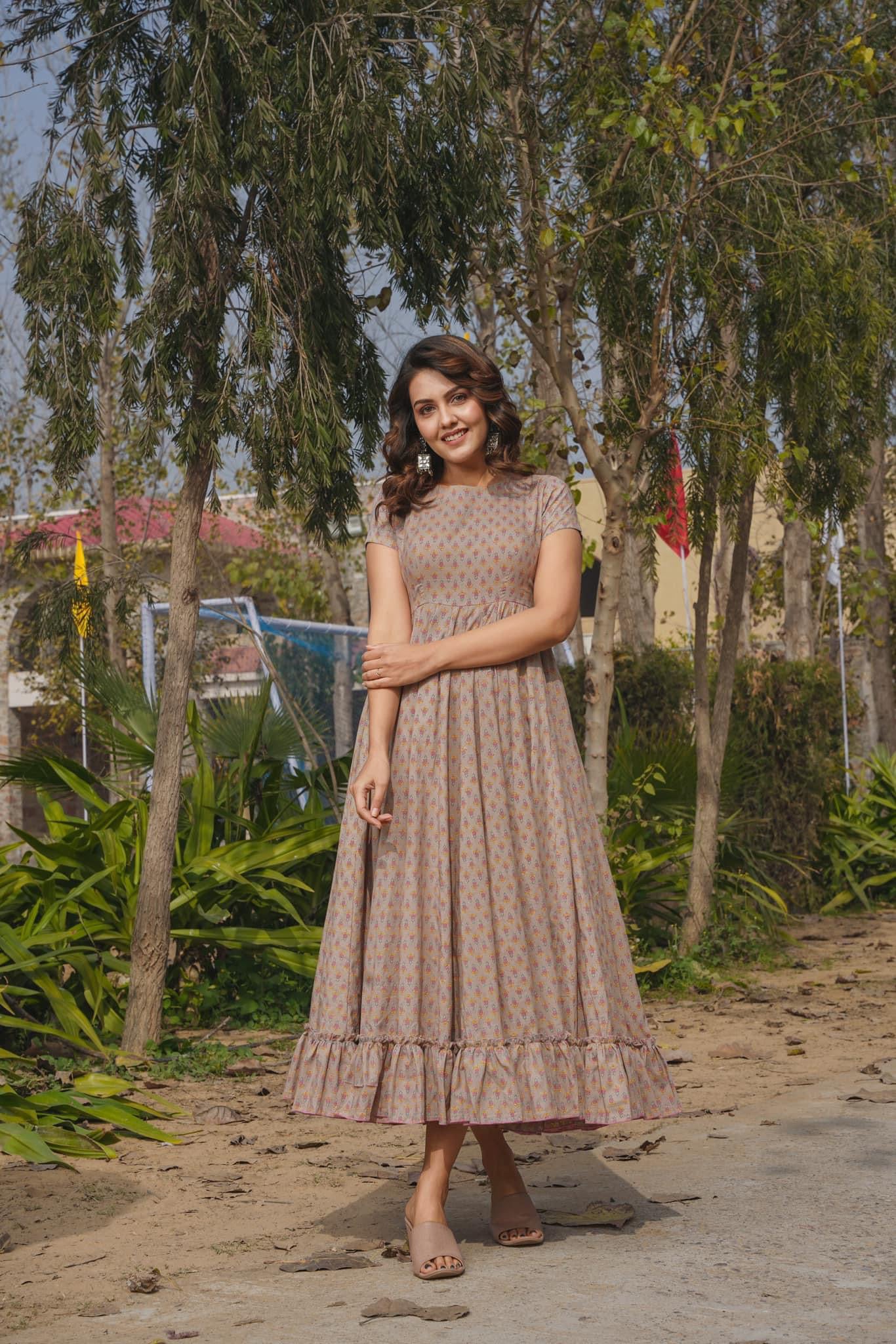 Light Brown Heavy Rayon Anarkali Gown | Digital Printed Festive Couture