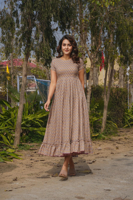 Light Brown Heavy Rayon Anarkali Gown | Digital Printed Festive Couture