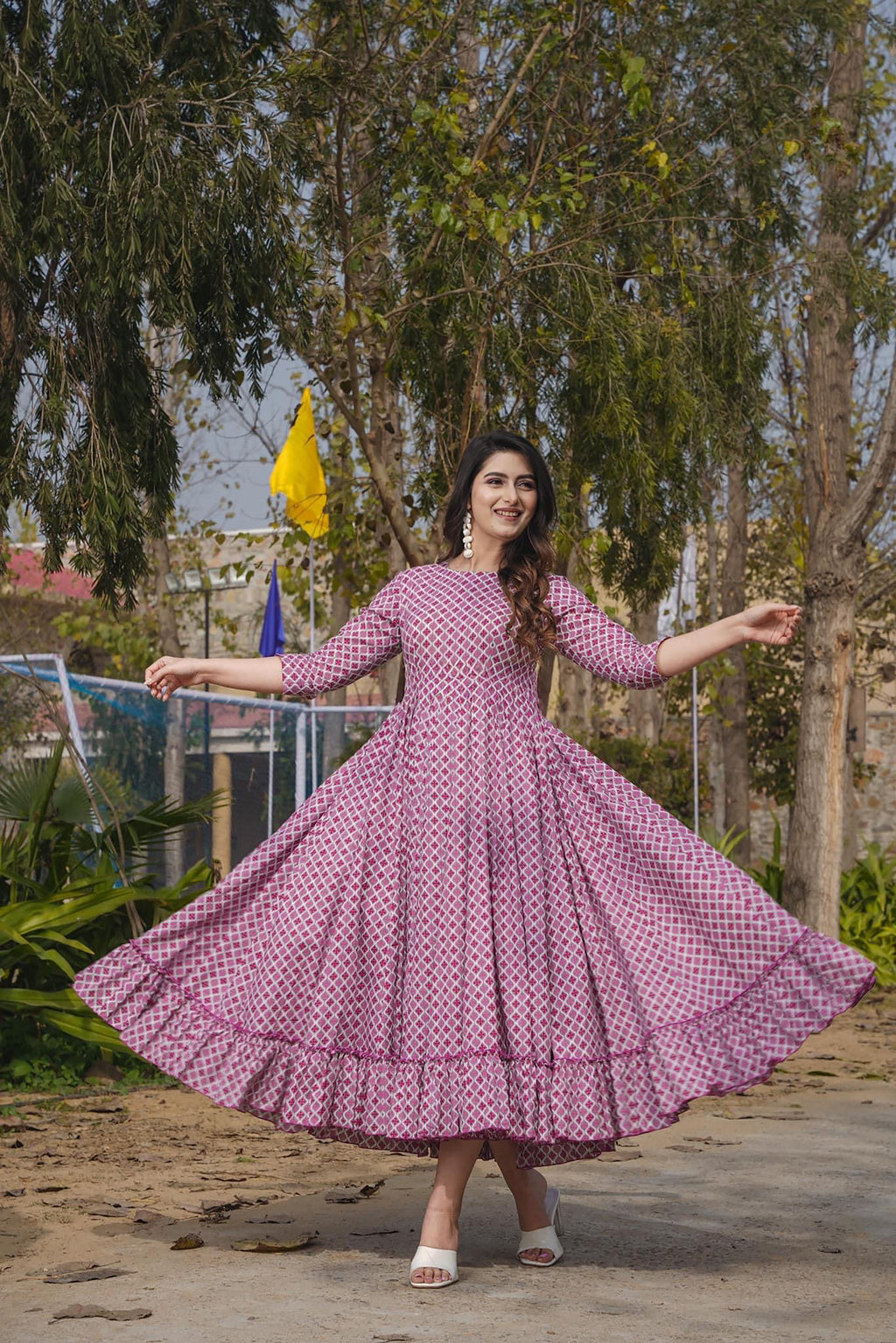 Pinkish-Purple Heavy Rayon Anarkali Gown | Digital Printed Festive Couture
