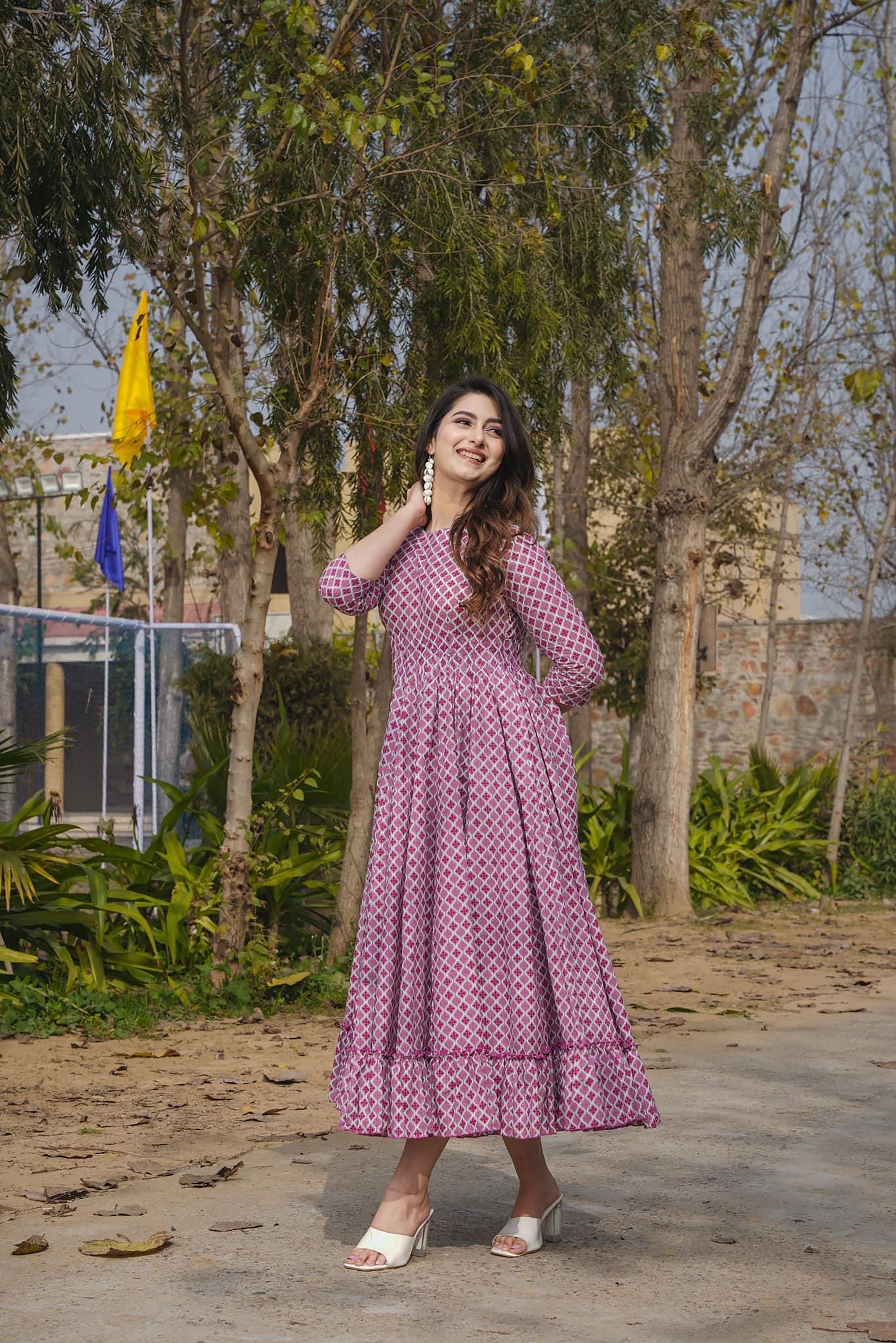 Pinkish-Purple Heavy Rayon Anarkali Gown | Digital Printed Festive Couture
