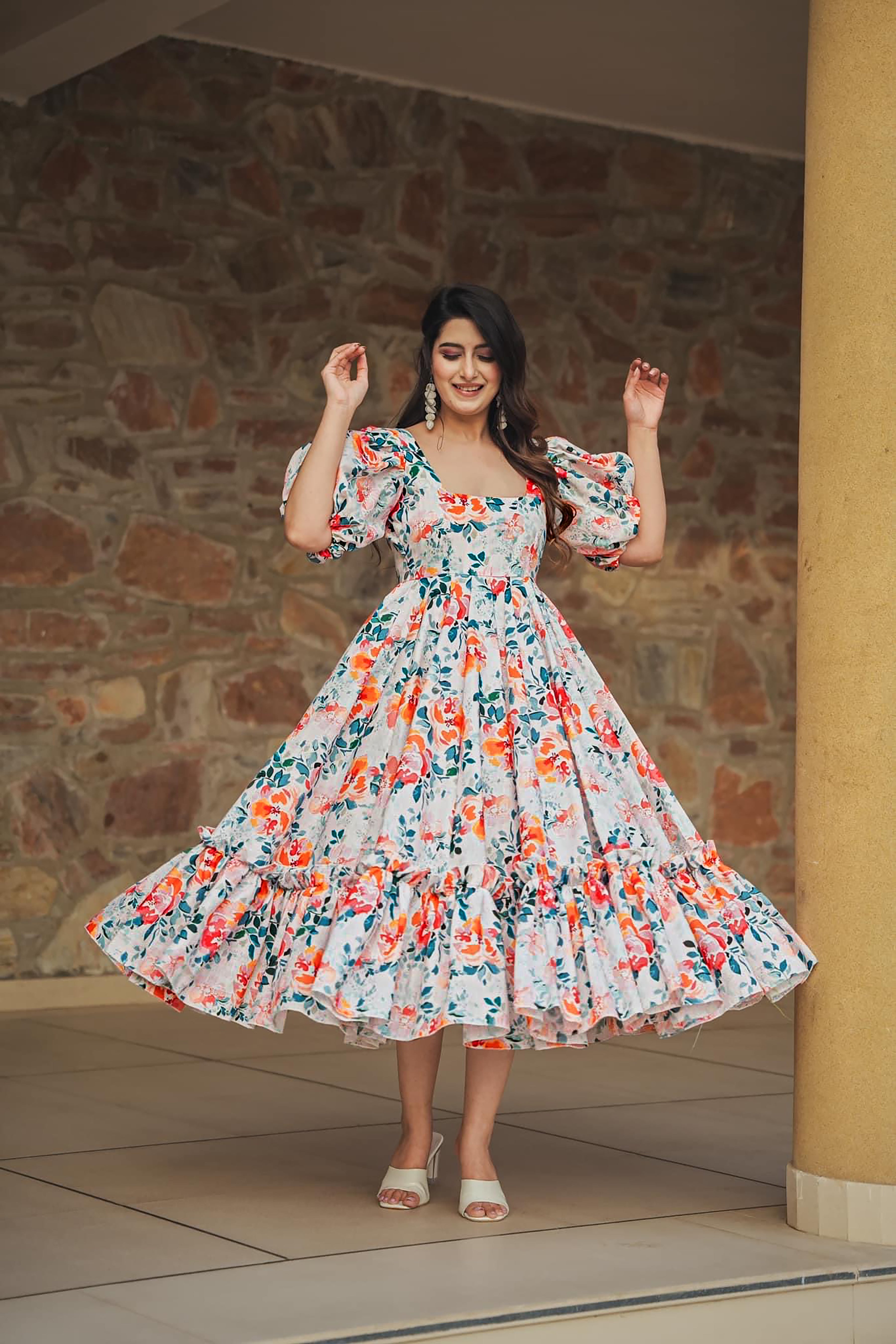 Floral Print Heavy Rayon Anarkali Gown | Orange, Pink & Green Digital Printed Couture