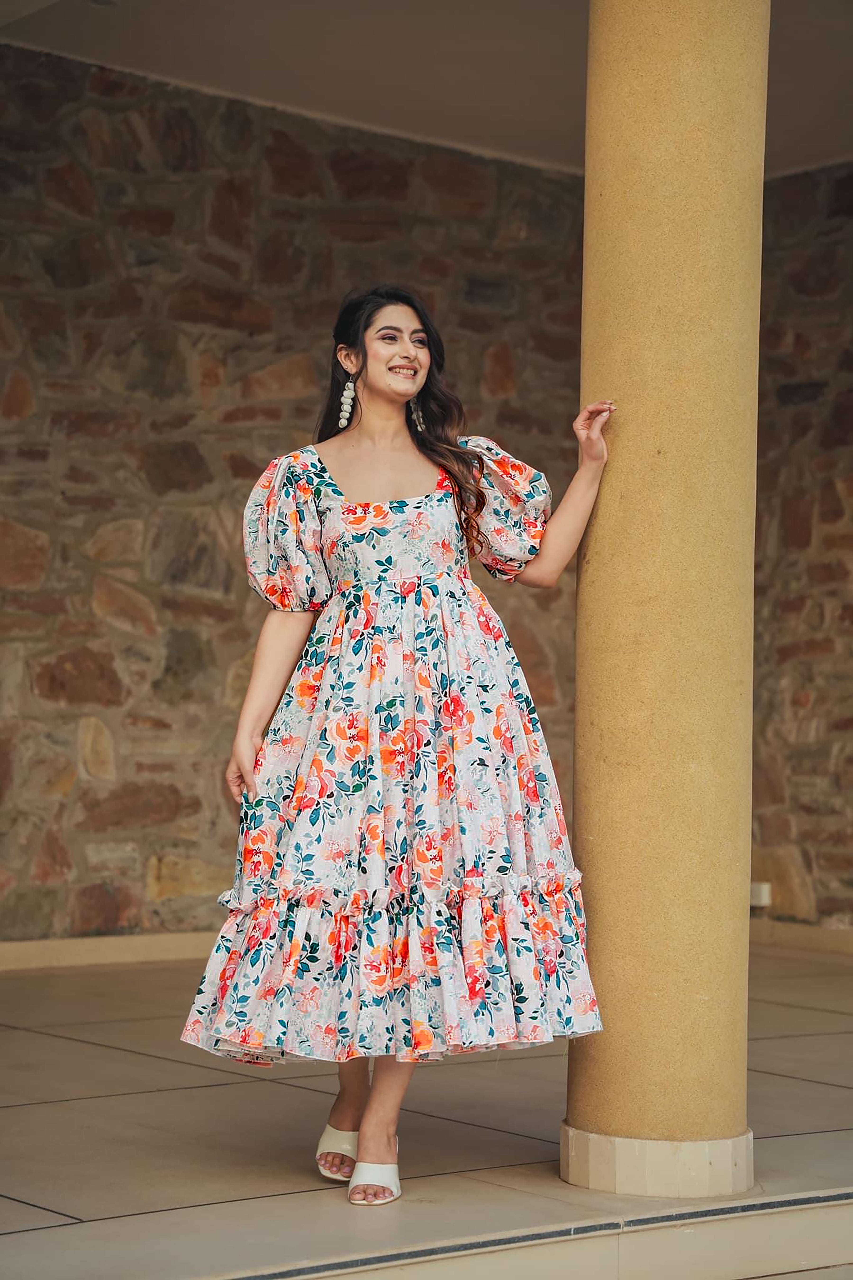 Floral Print Heavy Rayon Anarkali Gown | Orange, Pink & Green Digital Printed Couture