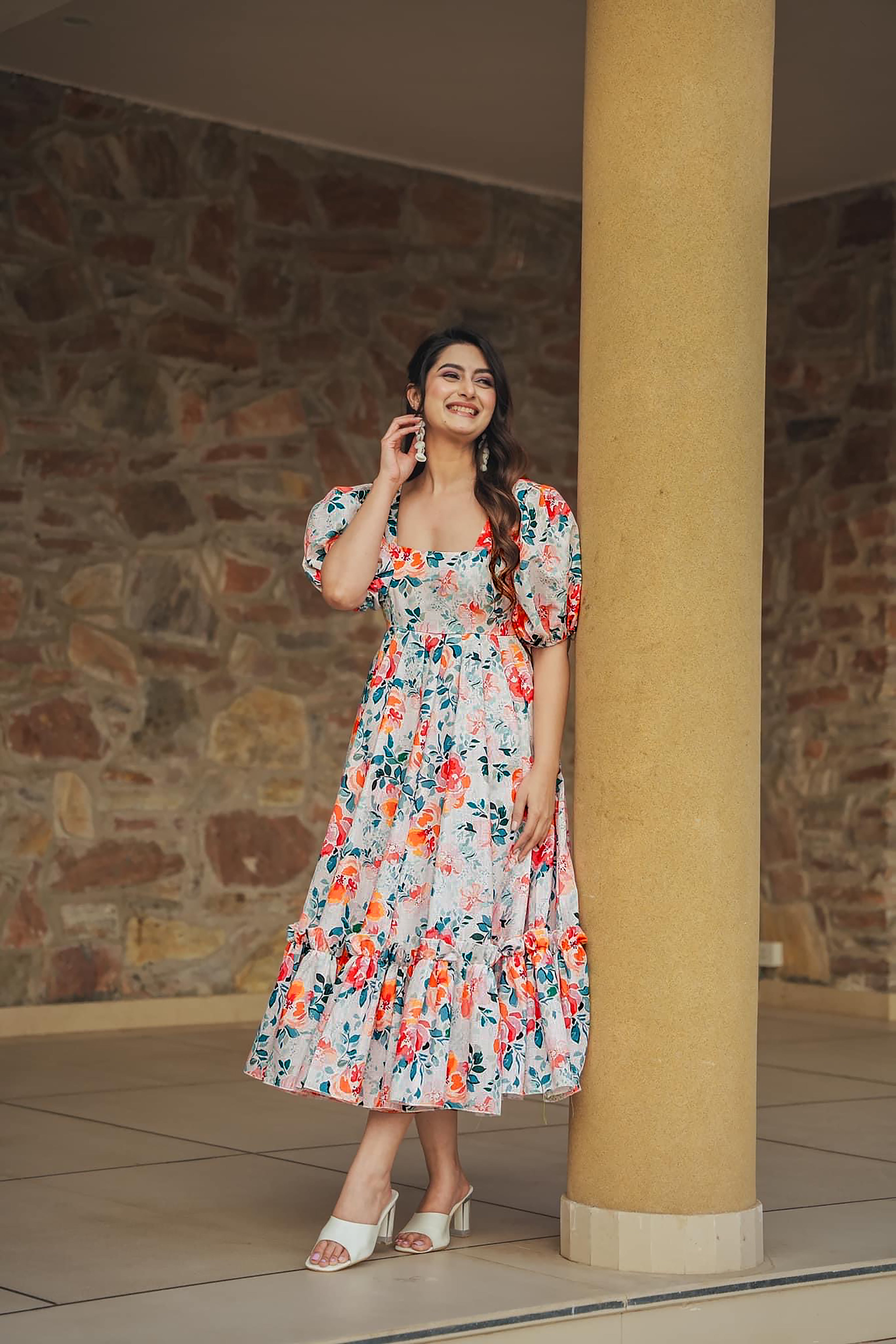 Floral Print Heavy Rayon Anarkali Gown | Orange, Pink & Green Digital Printed Couture