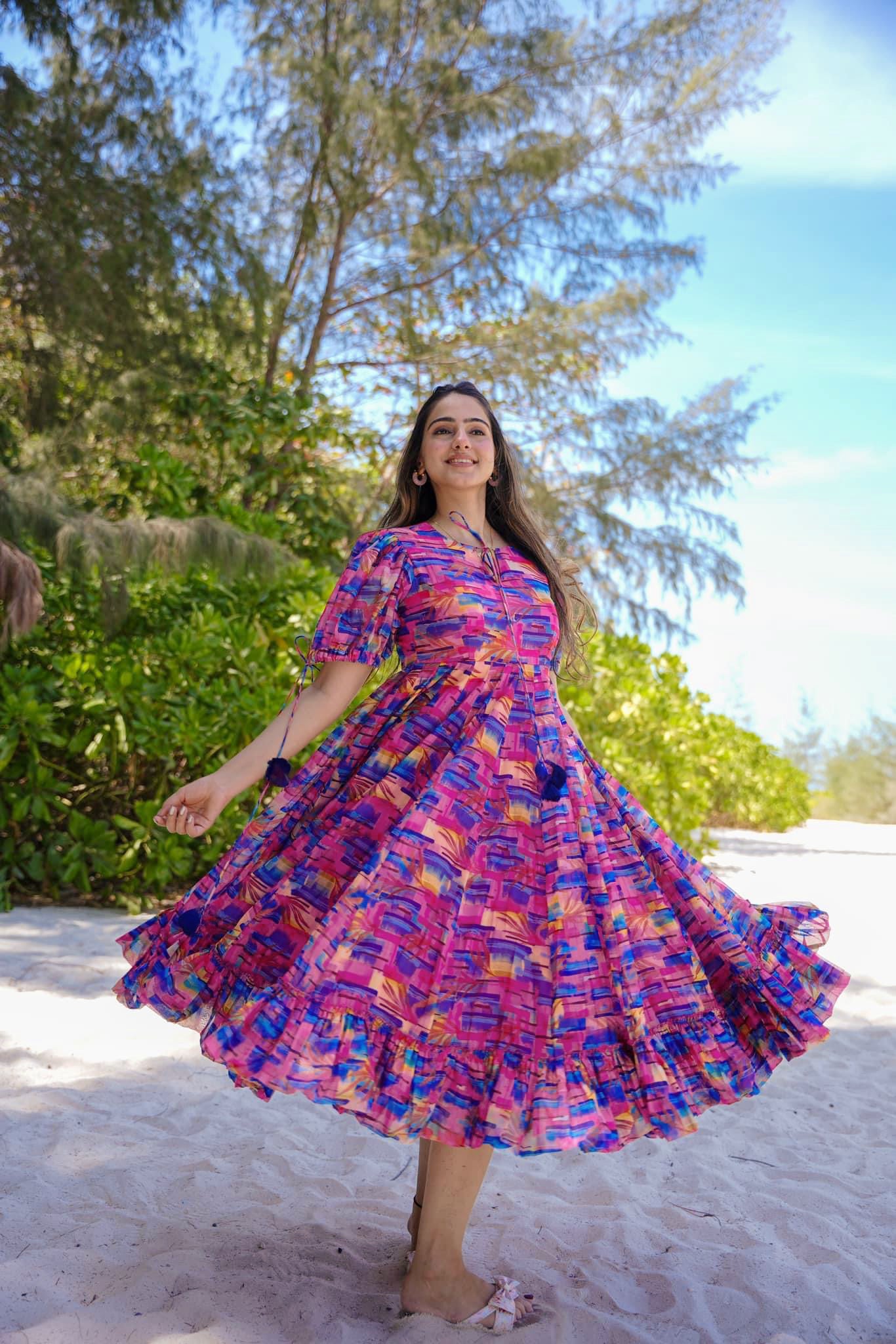 Rainbow Spectrum Heavy Rayon Anarkali Gown | Multicolor Digital Printed Couture