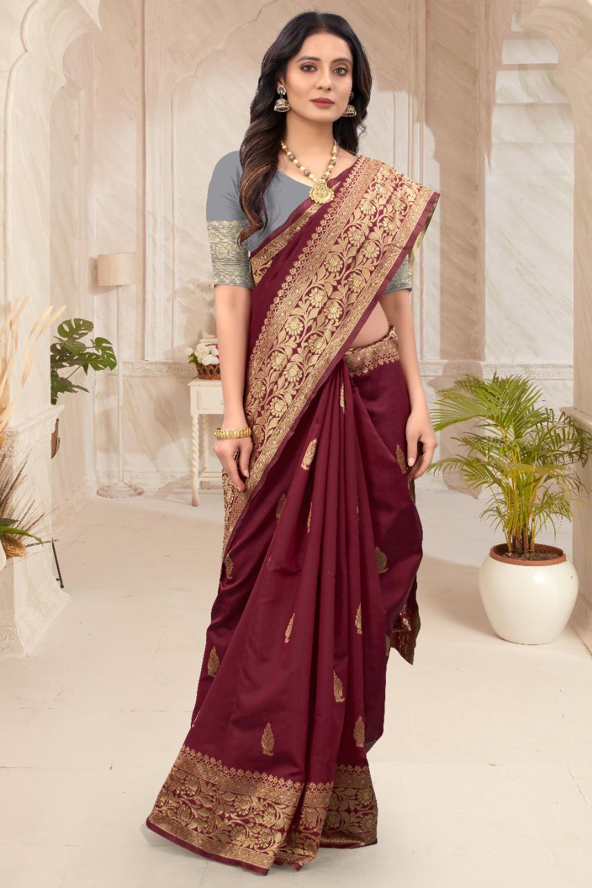 Maroon Gold Soft Lichi Silk Saree | Rich Pallu & Jacquard Work Couture