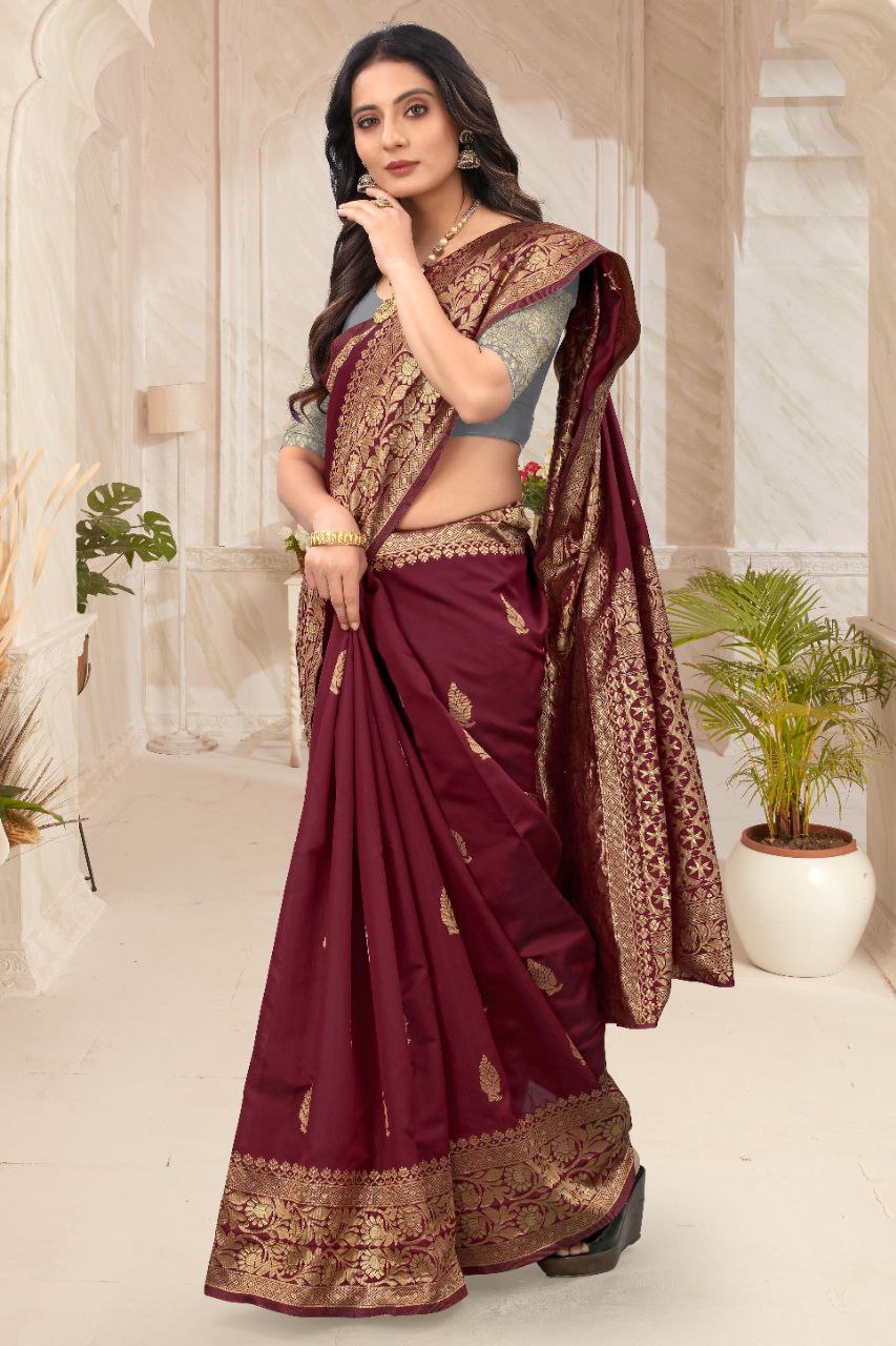 Maroon Gold Soft Lichi Silk Saree | Rich Pallu & Jacquard Work Couture