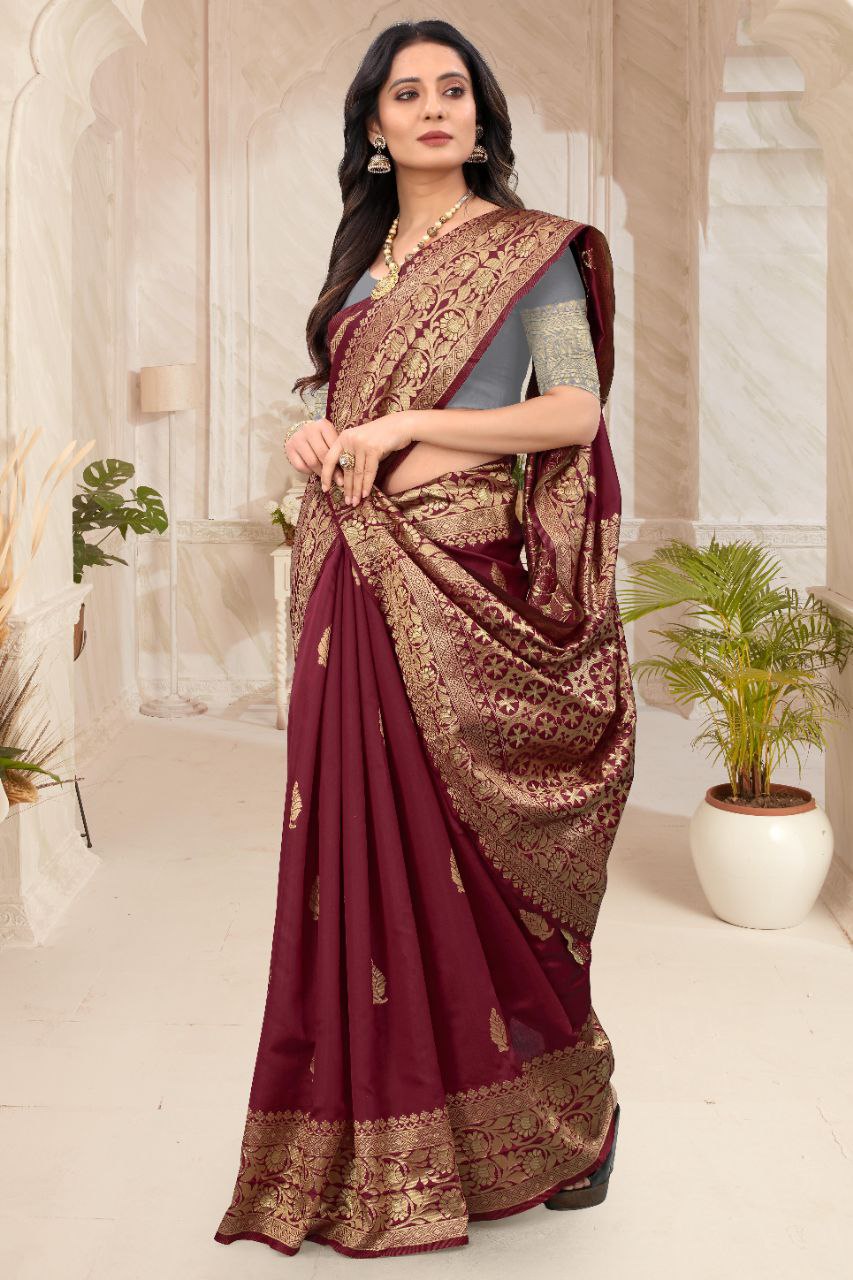 Maroon Gold Soft Lichi Silk Saree | Rich Pallu & Jacquard Work Couture