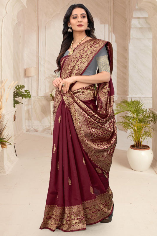 Maroon Gold Soft Lichi Silk Saree | Rich Pallu & Jacquard Work Couture