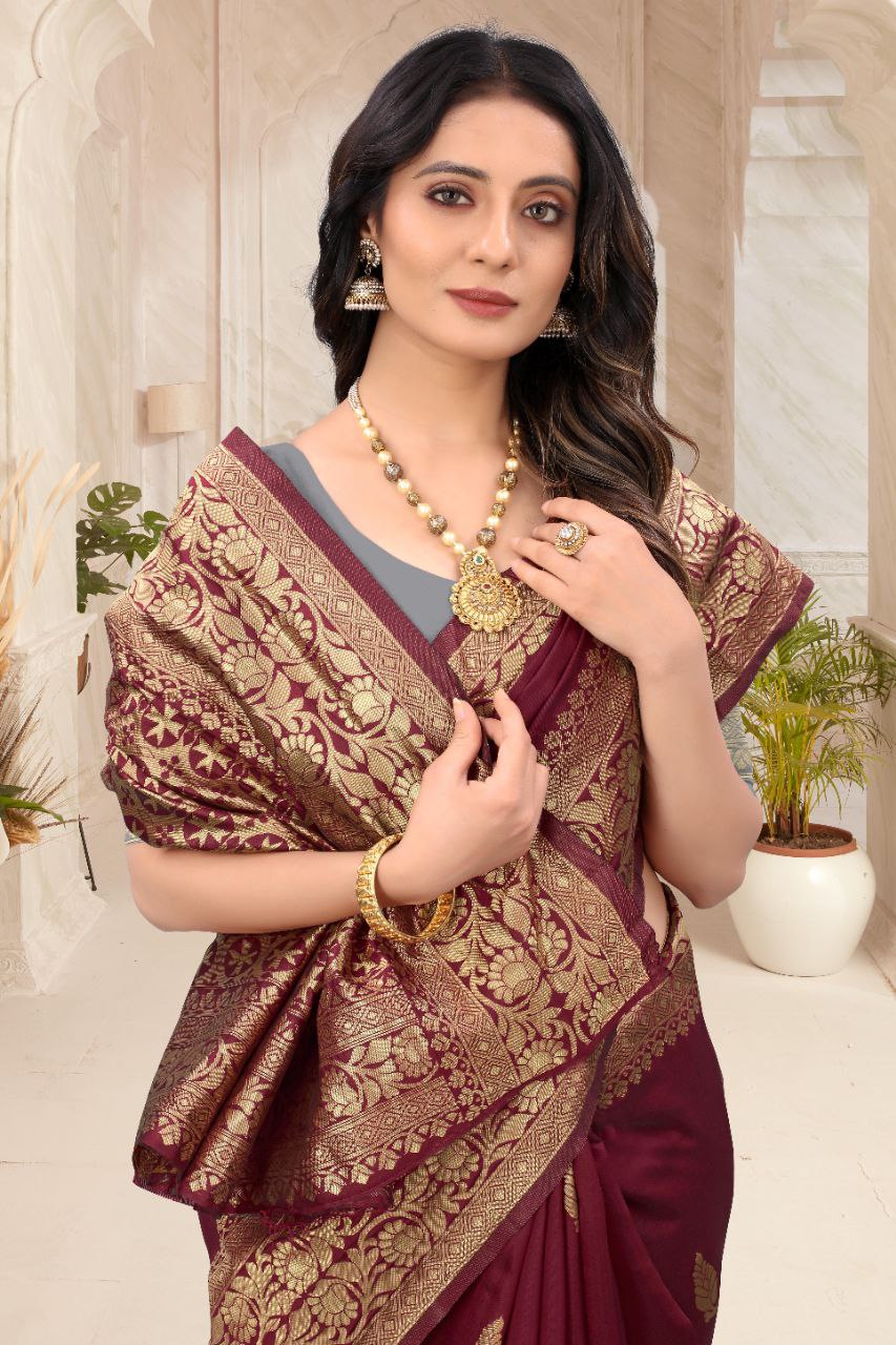 Maroon Gold Soft Lichi Silk Saree | Rich Pallu & Jacquard Work Couture