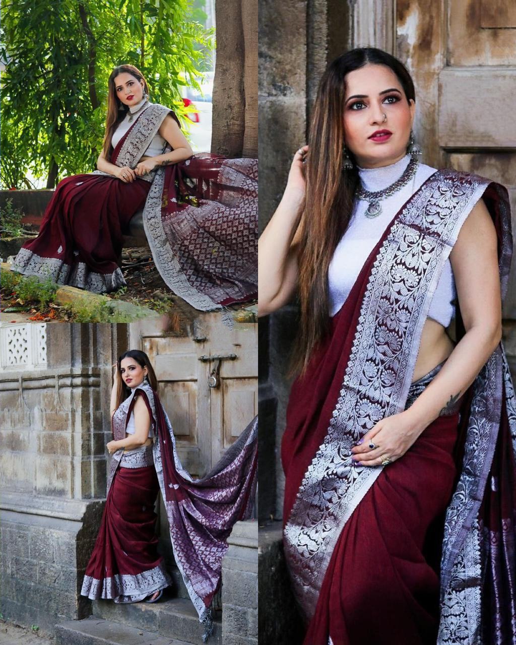 Maroon Silver Soft Lichi Silk Saree | Rich Pallu & Jacquard Work Couture