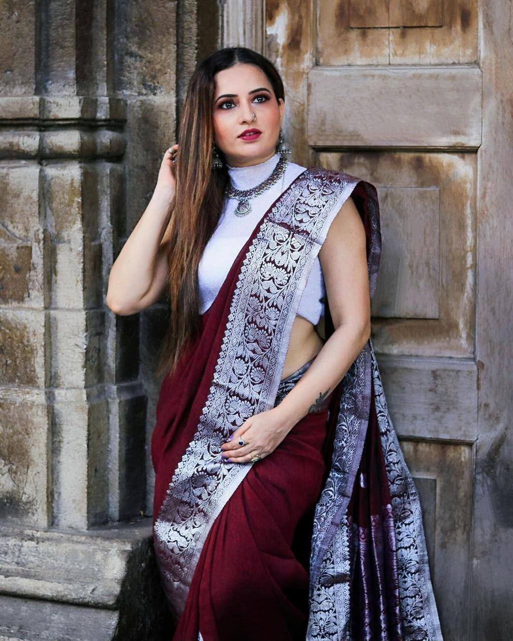 Maroon Silver Soft Lichi Silk Saree | Rich Pallu & Jacquard Work Couture