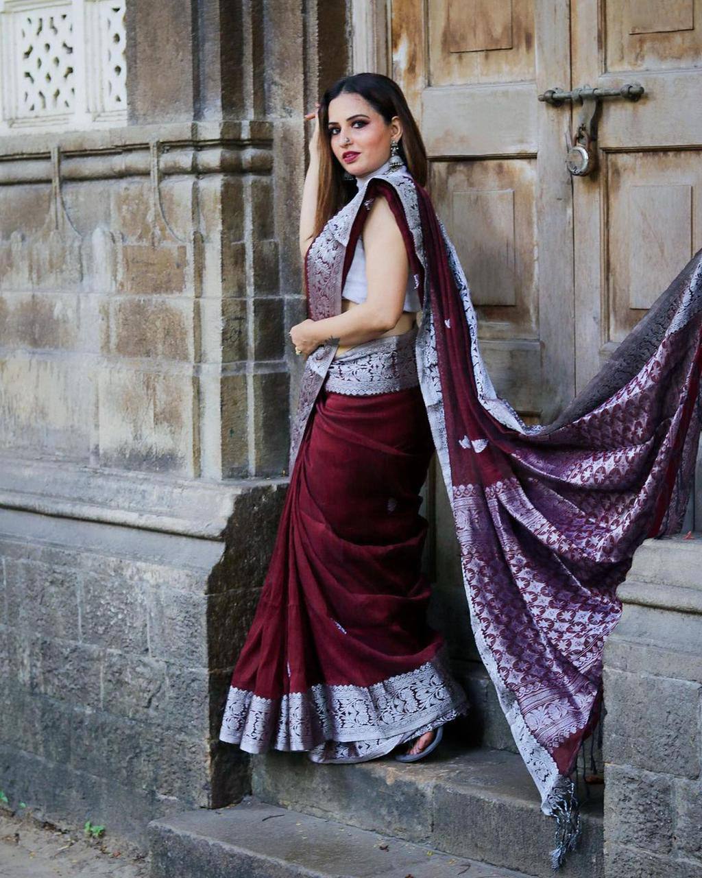 Maroon Silver Soft Lichi Silk Saree | Rich Pallu & Jacquard Work Couture