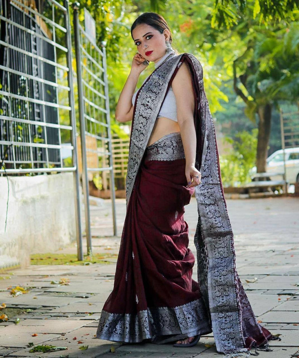 Maroon Silver Soft Lichi Silk Saree | Rich Pallu & Jacquard Work Couture
