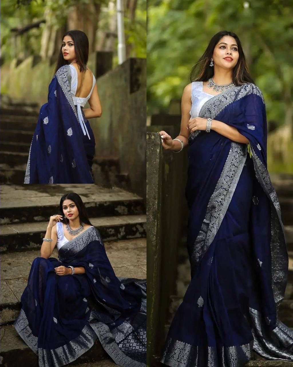 Navy Blue Silver Soft Lichi Silk Saree | Rich Pallu & Jacquard Work Couture