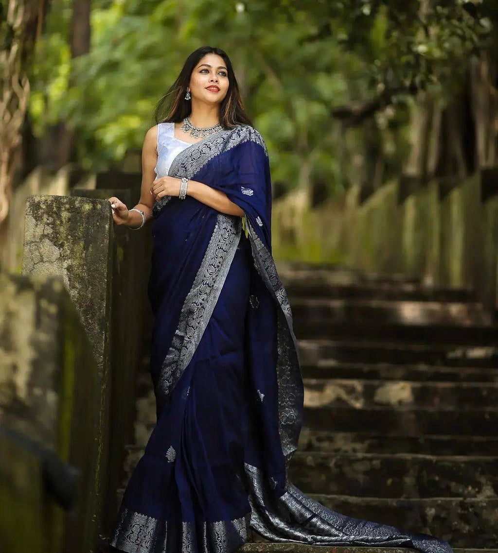 Navy Blue Silver Soft Lichi Silk Saree | Rich Pallu & Jacquard Work Couture