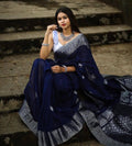 Navy Blue Silver Soft Lichi Silk Saree | Rich Pallu & Jacquard Work Couture