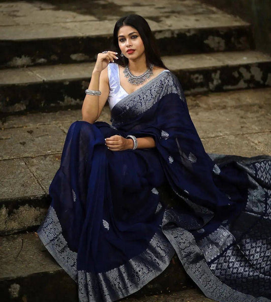 Navy Blue Silver Soft Lichi Silk Saree | Rich Pallu & Jacquard Work Couture