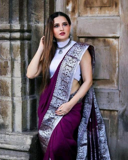 Wine Silver Soft Lichi Silk Saree | Rich Pallu & Jacquard Work Couture