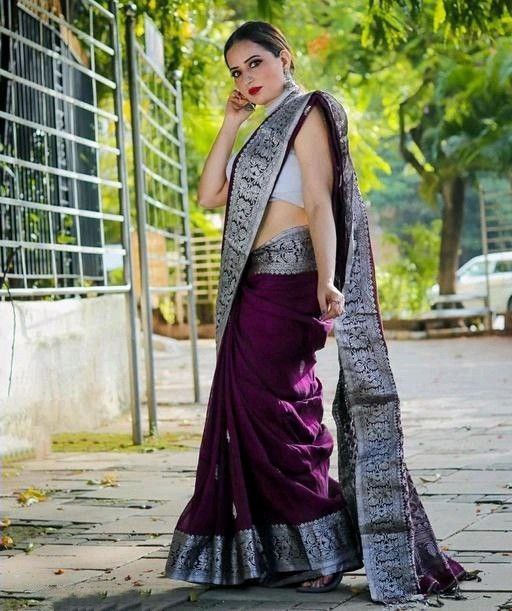 Wine Silver Soft Lichi Silk Saree | Rich Pallu & Jacquard Work Couture