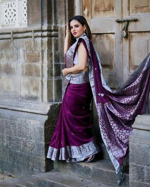 Wine Silver Soft Lichi Silk Saree | Rich Pallu & Jacquard Work Couture