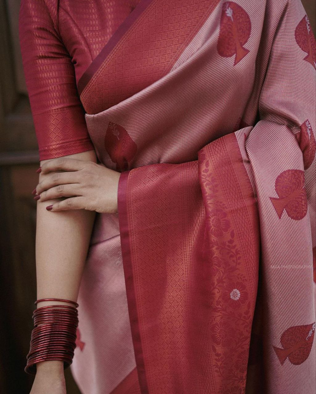 Blush Pink Soft Lichi Silk Saree | All Over Work Jacquard Couture