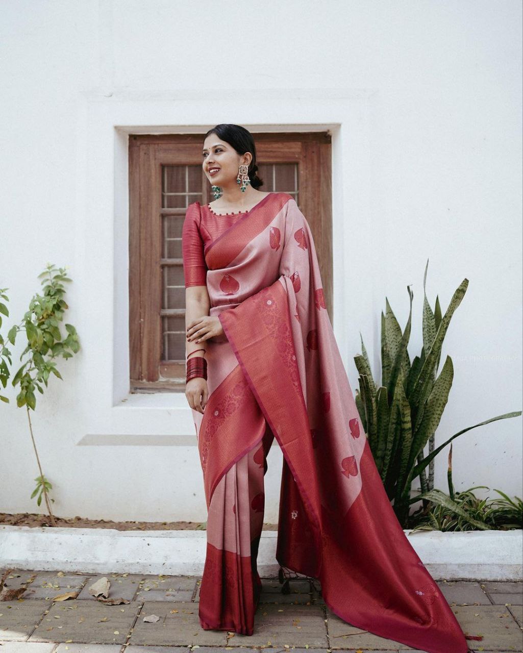 Blush Pink Soft Lichi Silk Saree | All Over Work Jacquard Couture