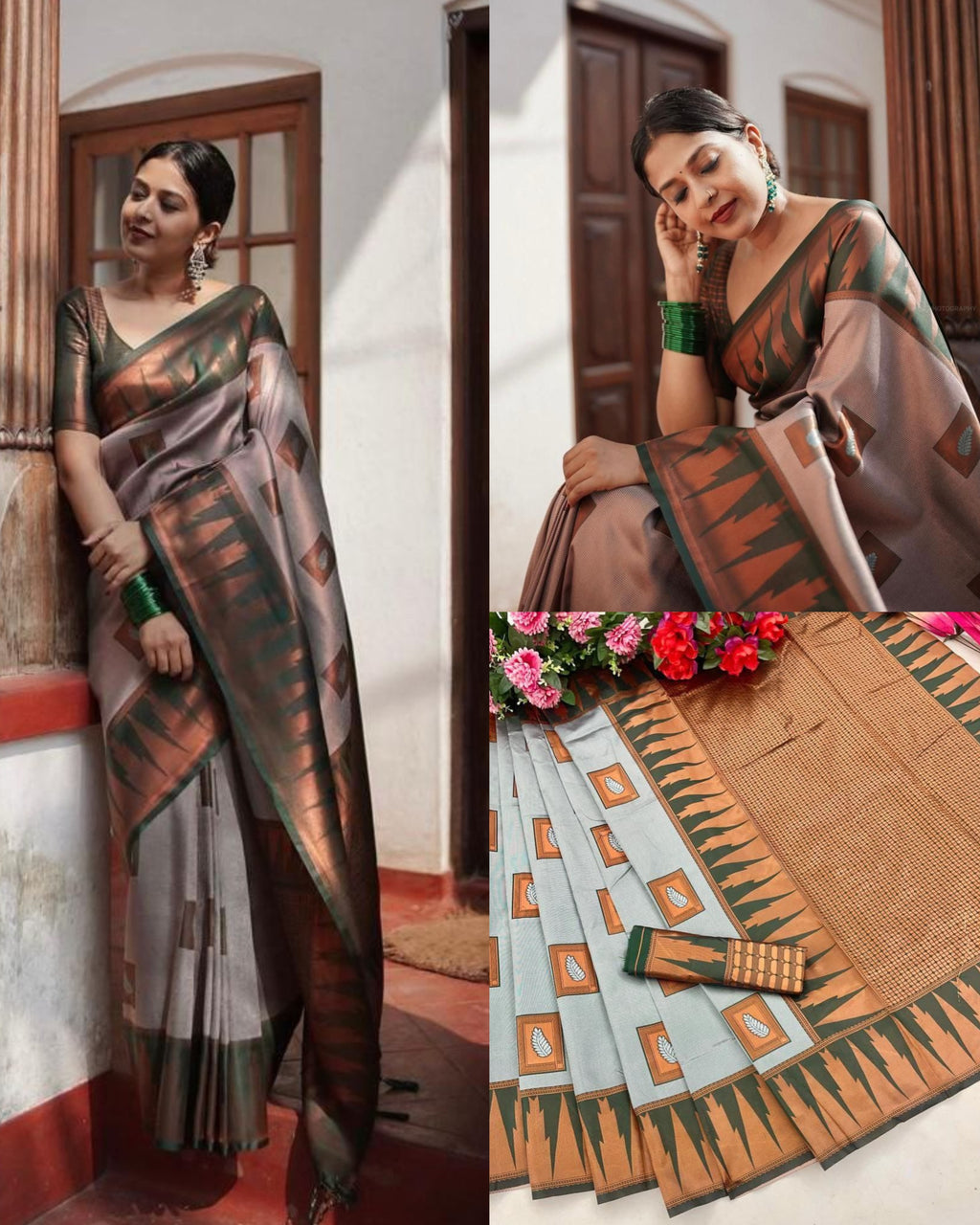 Enchanted Green & Peach Soft Lichi Silk Saree | All Over Work Jacquard Couture