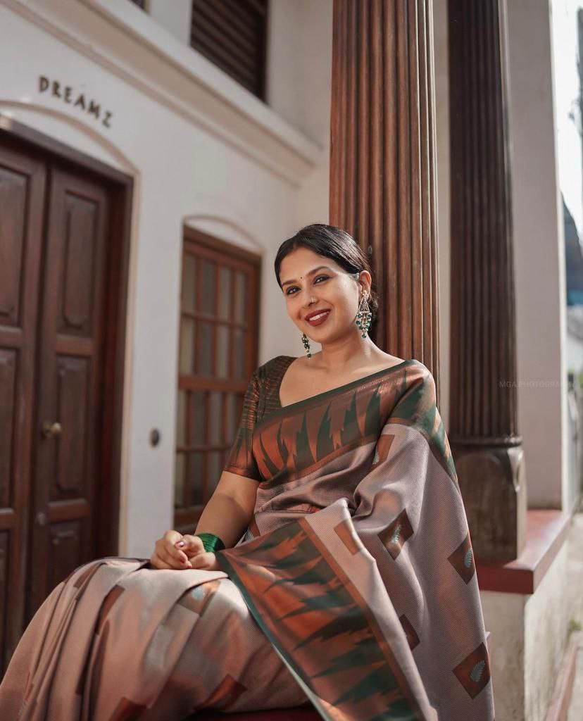 Enchanted Green & Peach Soft Lichi Silk Saree | All Over Work Jacquard Couture