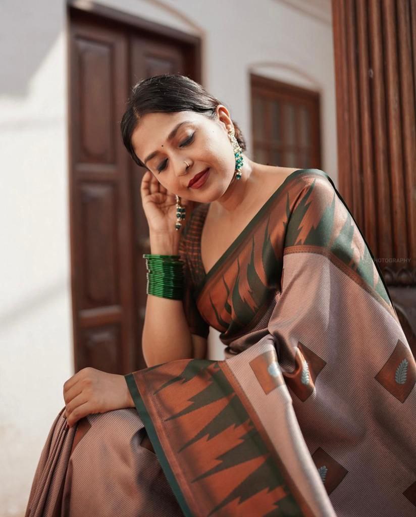 Enchanted Green & Peach Soft Lichi Silk Saree | All Over Work Jacquard Couture
